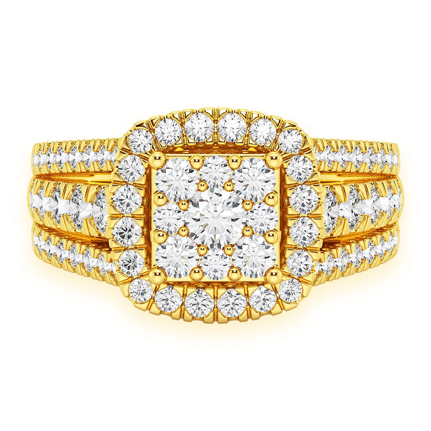 Three Row Cluster Halo Diamond Ring in 14K yellow gold, front view