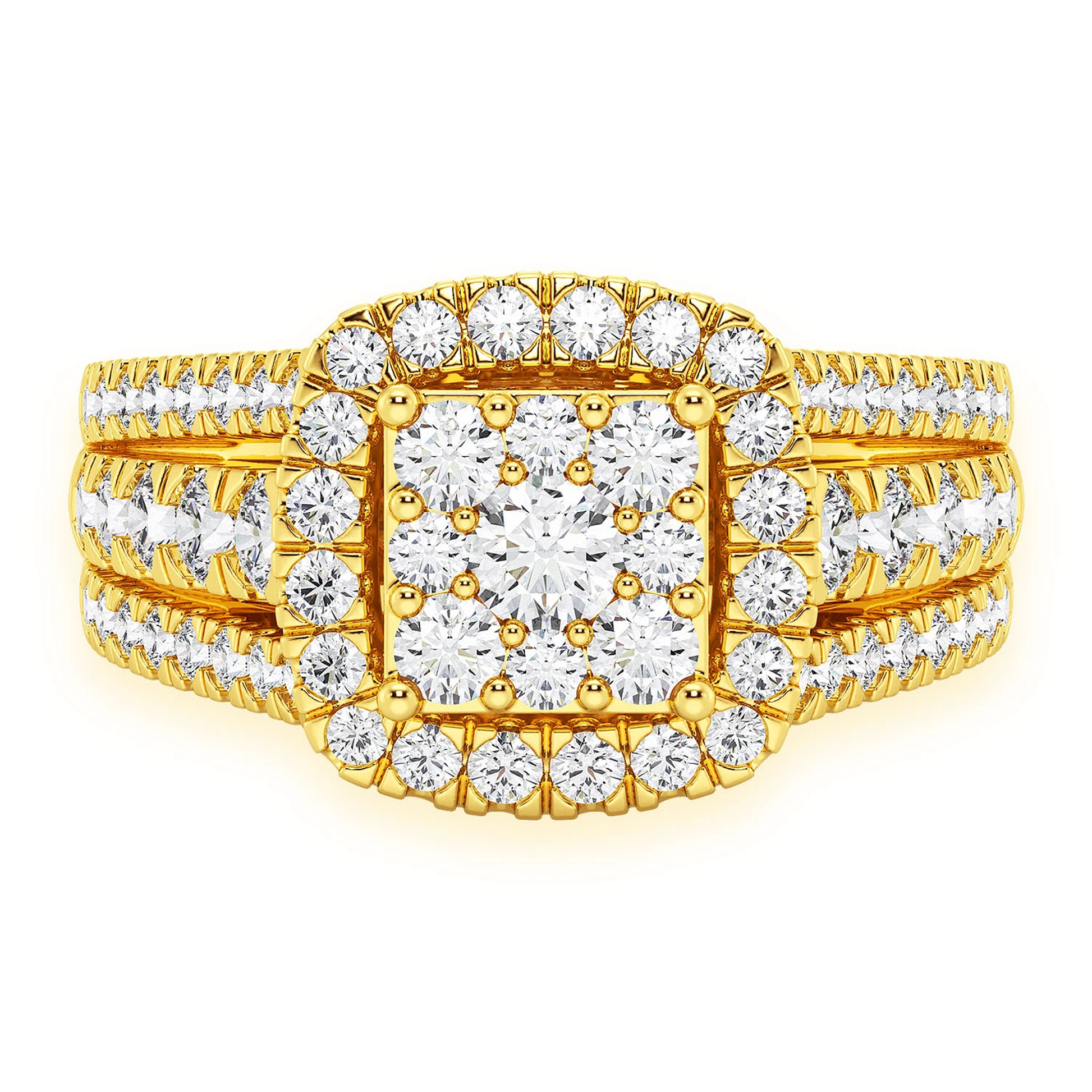 Three Row Cluster Halo Diamond Ring in 14K yellow gold, front view