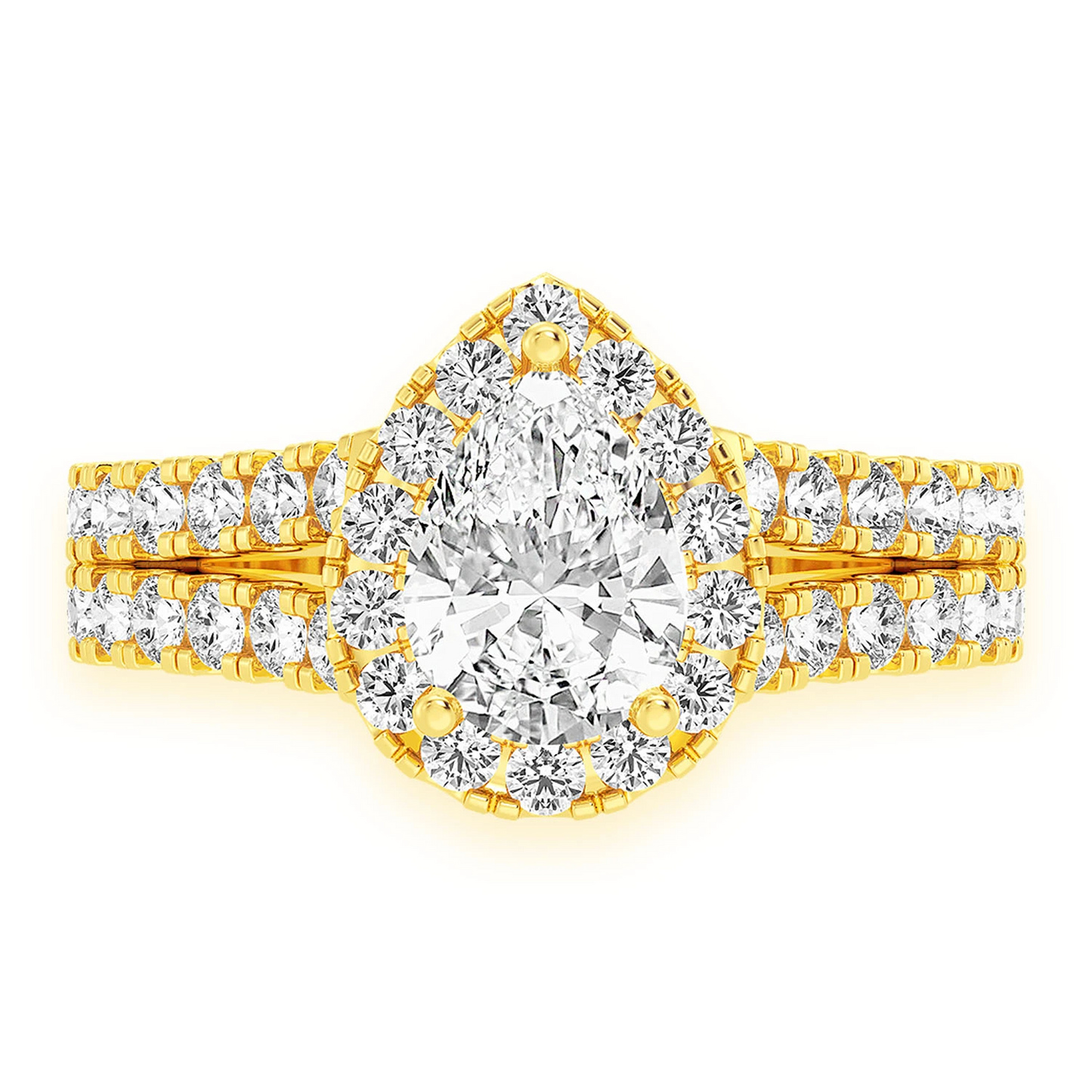 Pear Solitaire Two Row Split Scallop Ring in 14K yellow gold, front view