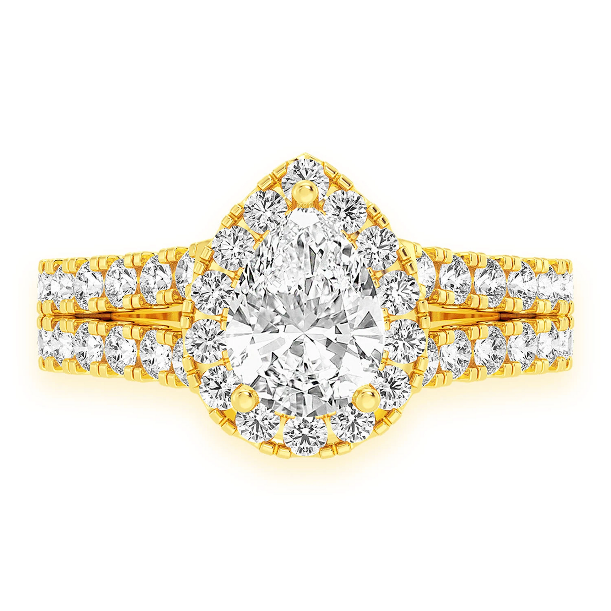 Pear Solitaire Two Row Split Scallop Ring in 14K yellow gold, front view