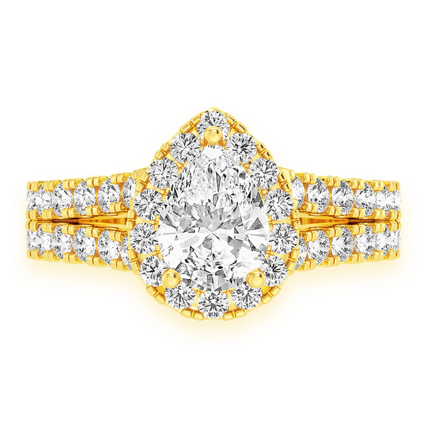Pear Solitaire Two Row Split Scallop Ring