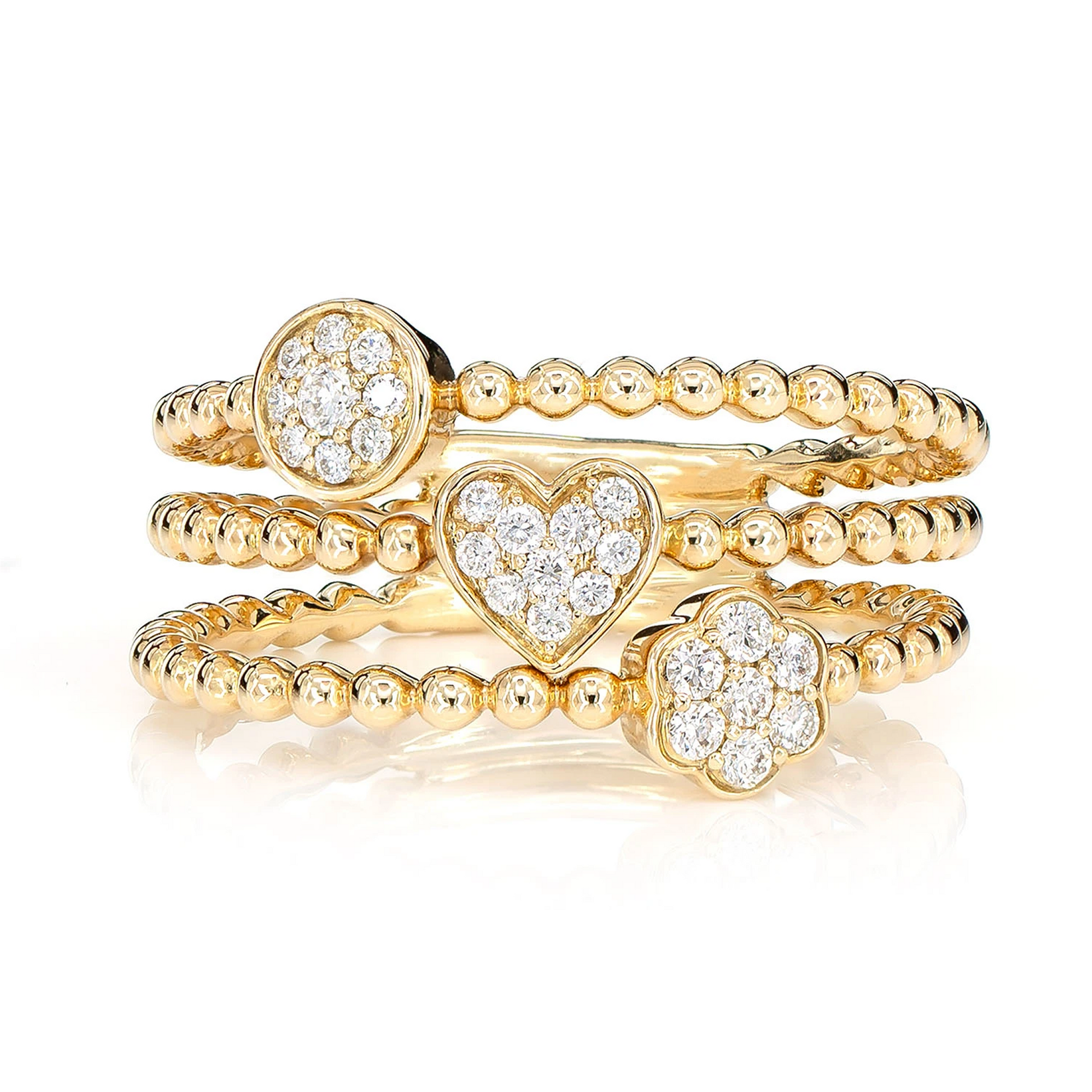 Three Row Beaded Diamond Ring in 14K yellow gold, front view