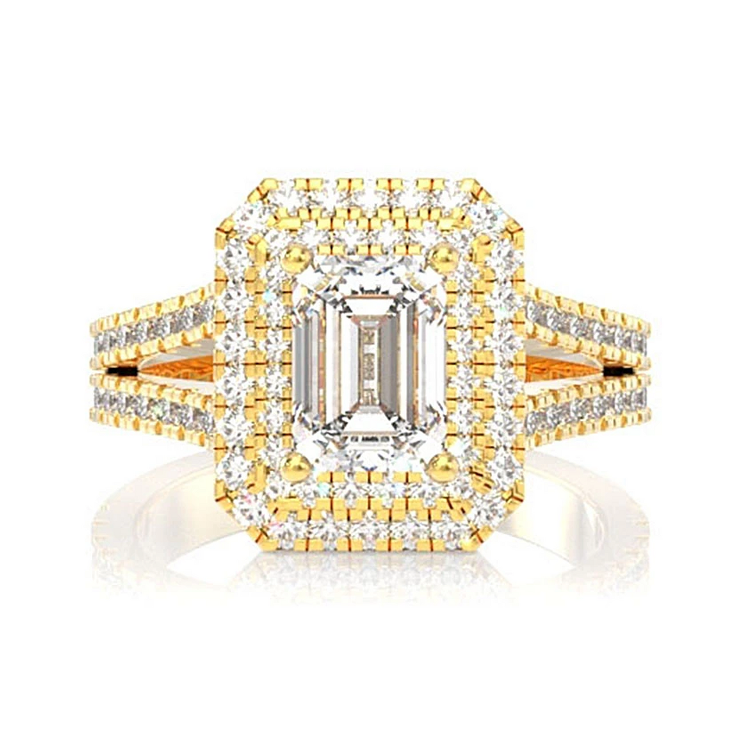 Radiant Double Halo Diamond Engagement Ring in 14K yellow gold, front view