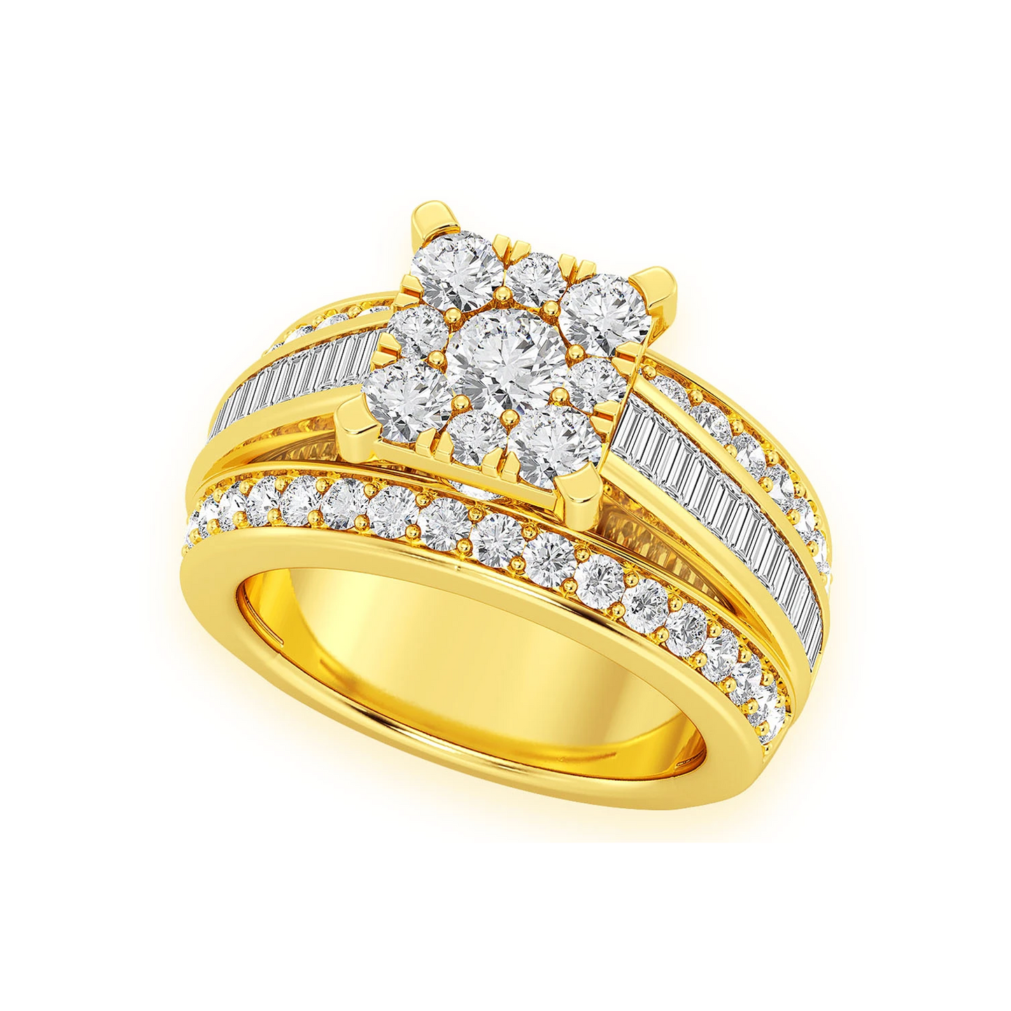 Cathedral Channel Baguette Engagement Ring in 14K yellow gold, detail view