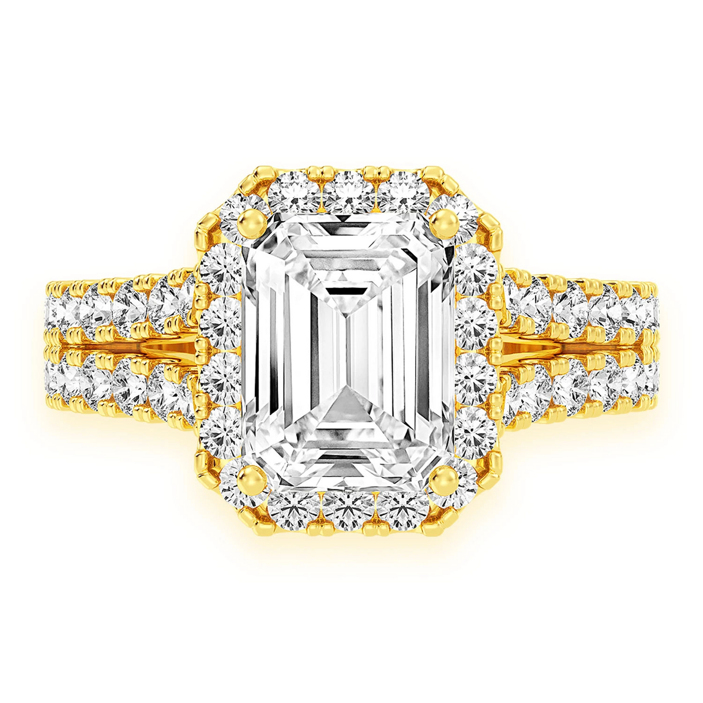 Sphinx Emerald Halo Ring in 14K yellow gold, front view