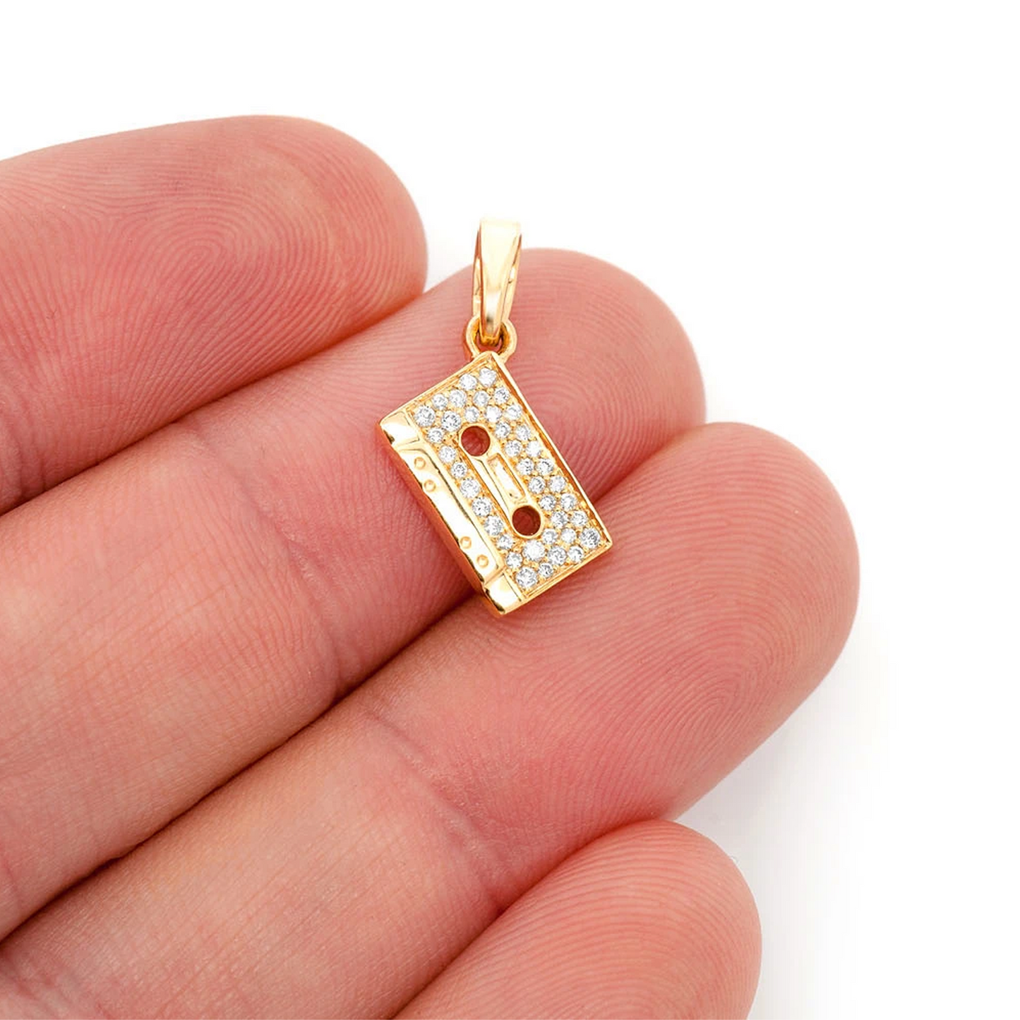 Music Cassette Diamond Pendant in 14K yellow gold, White, angled view