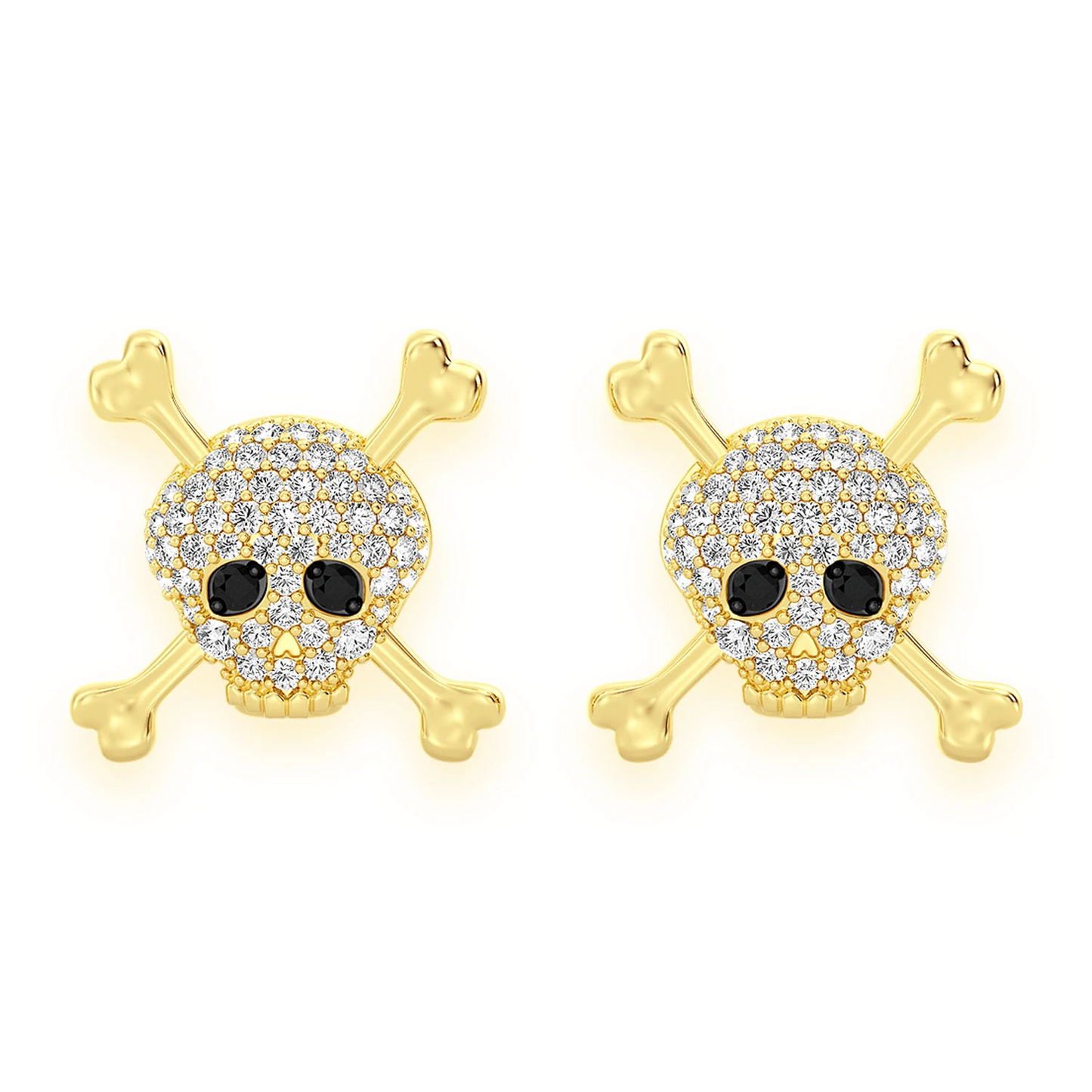 Skull & Crossbones Diamond Studs in 14K yellow gold, front view