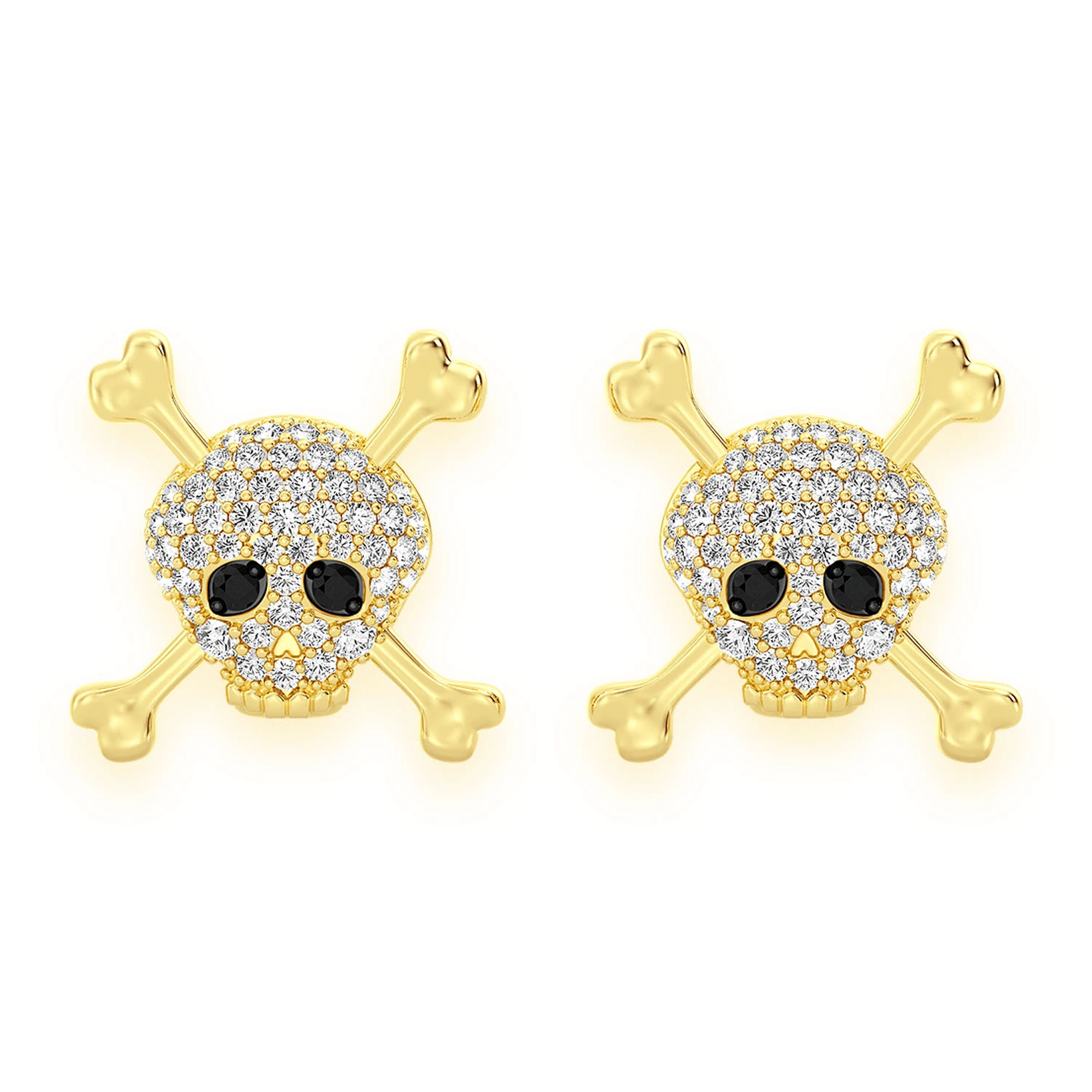 Skull & Crossbones Diamond Studs in 14K yellow gold, front view