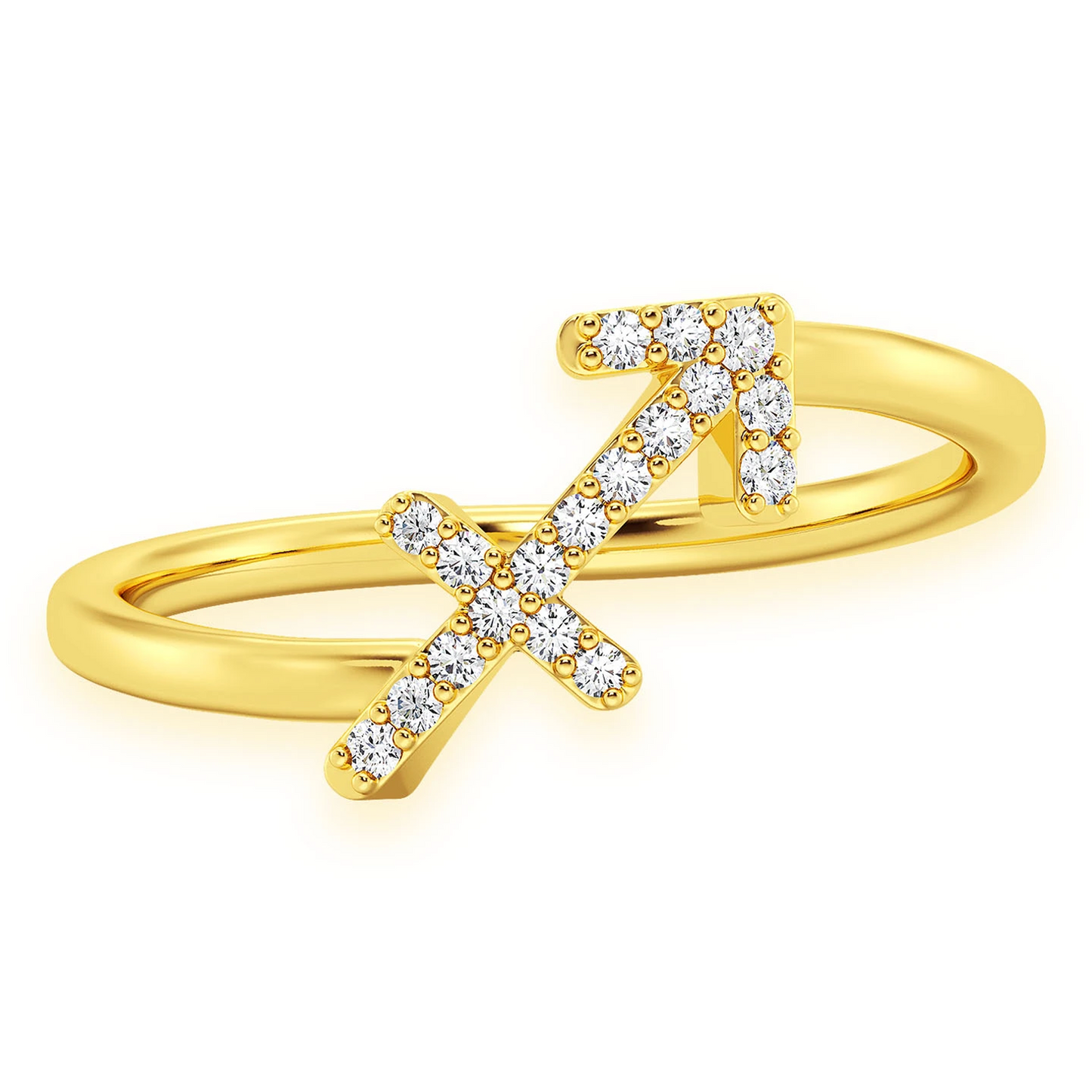 Zodiac Diamond Ring in 14K yellow gold, Sigittarius design, front view