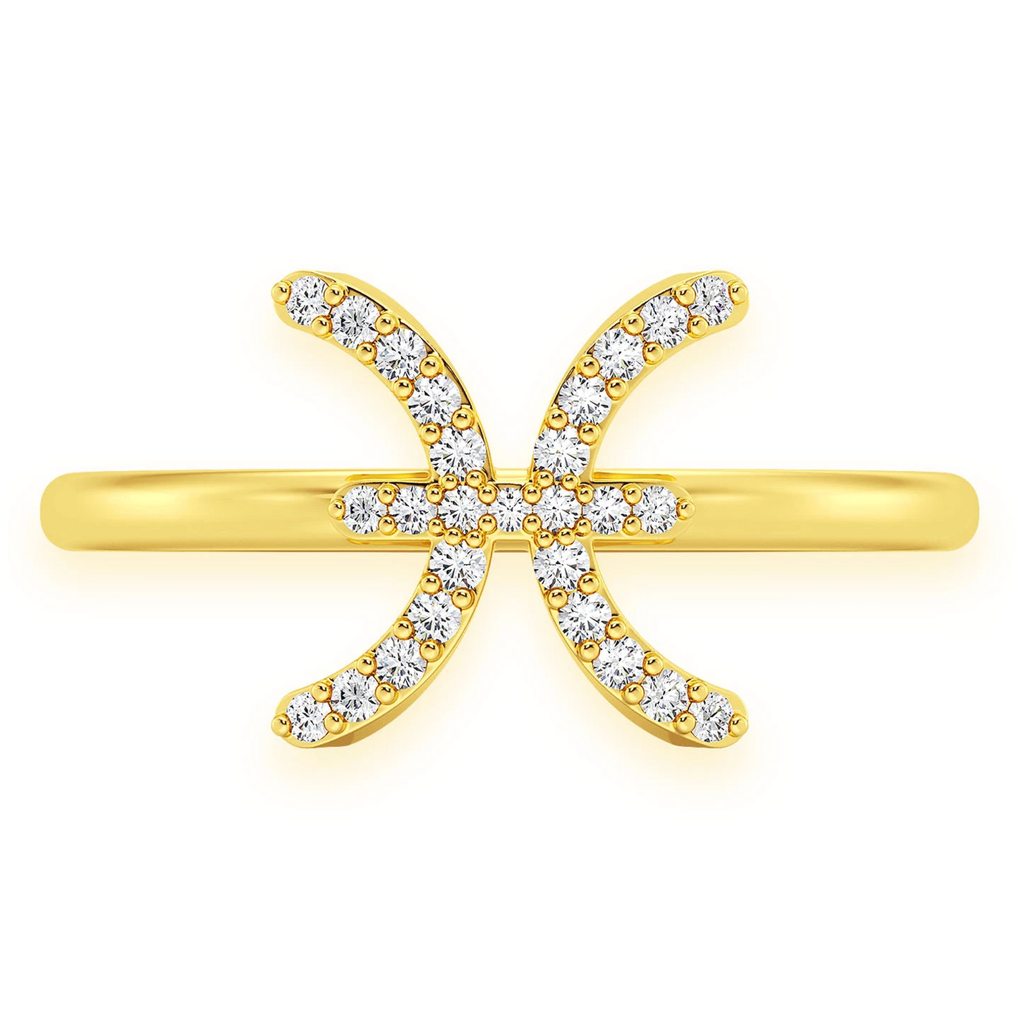 Zodiac Diamond Ring in 14K yellow gold, Pisces design, front view