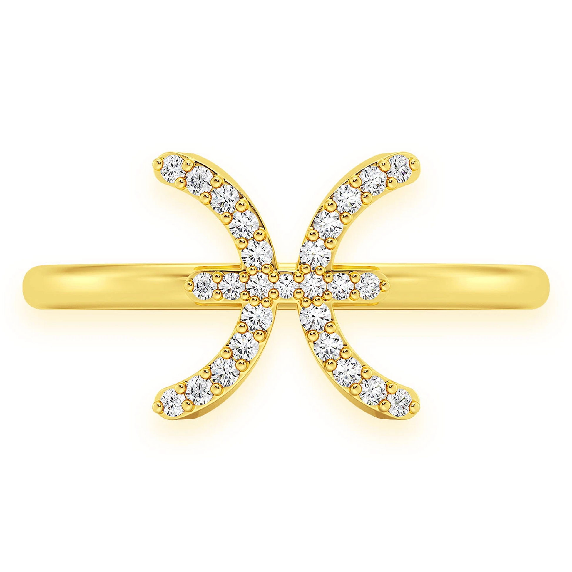 Zodiac Diamond Ring in 14K yellow gold, Pisces design, front view