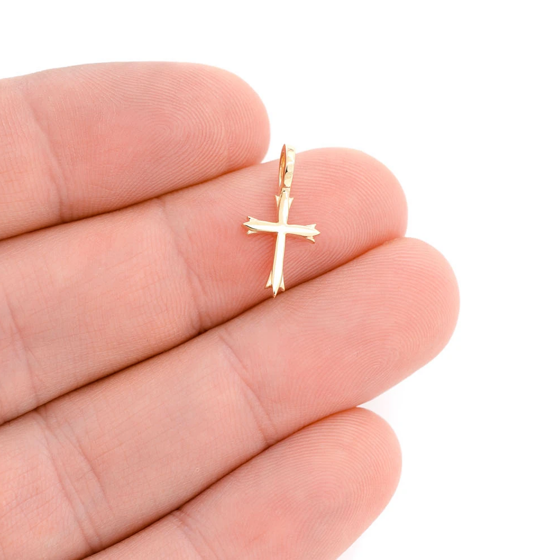 Triple Point Cross Pendant in 14K yellow gold, Pure | Solid Gold, angled view