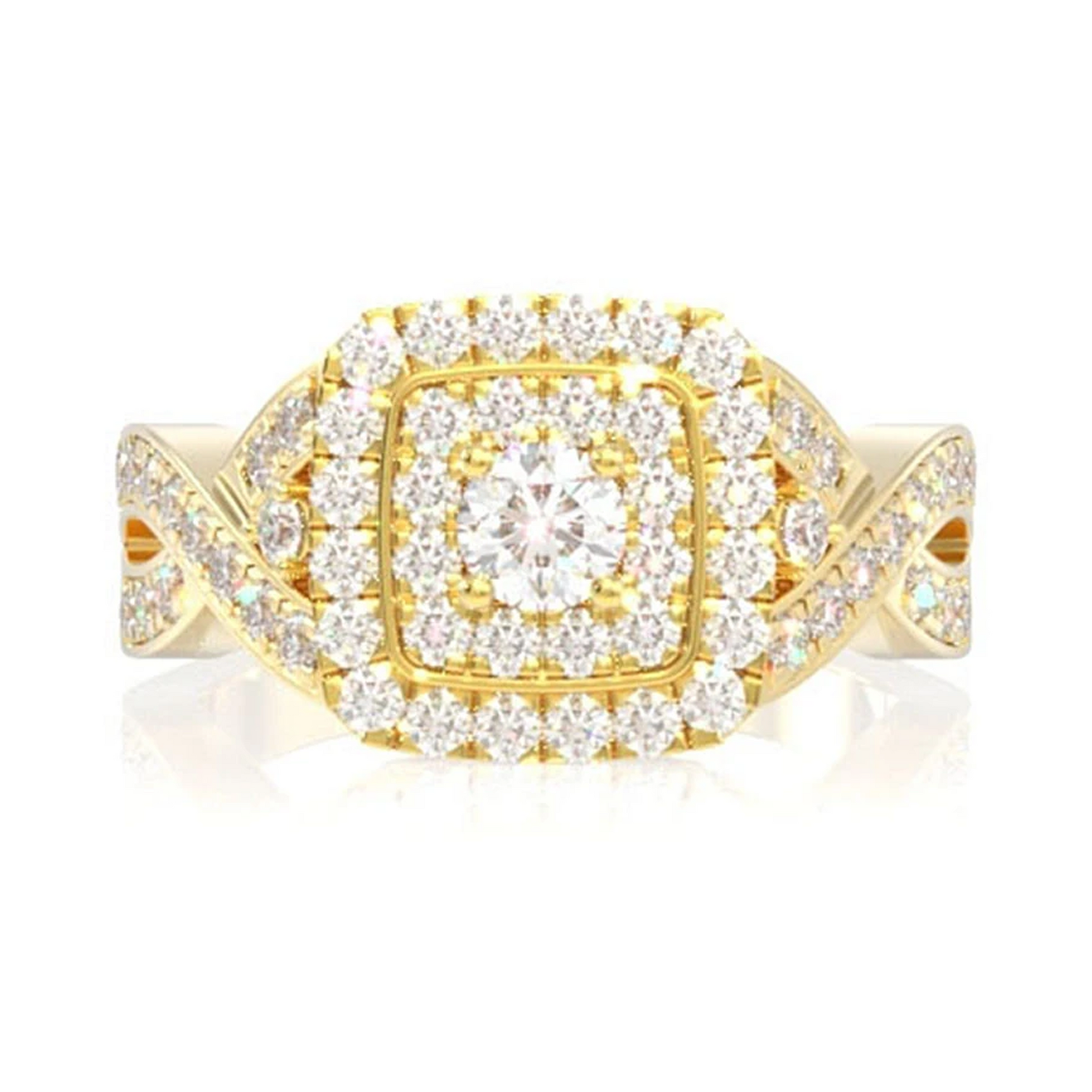 Twisted Shank Double Square Halo Ring in 14K yellow gold, front view