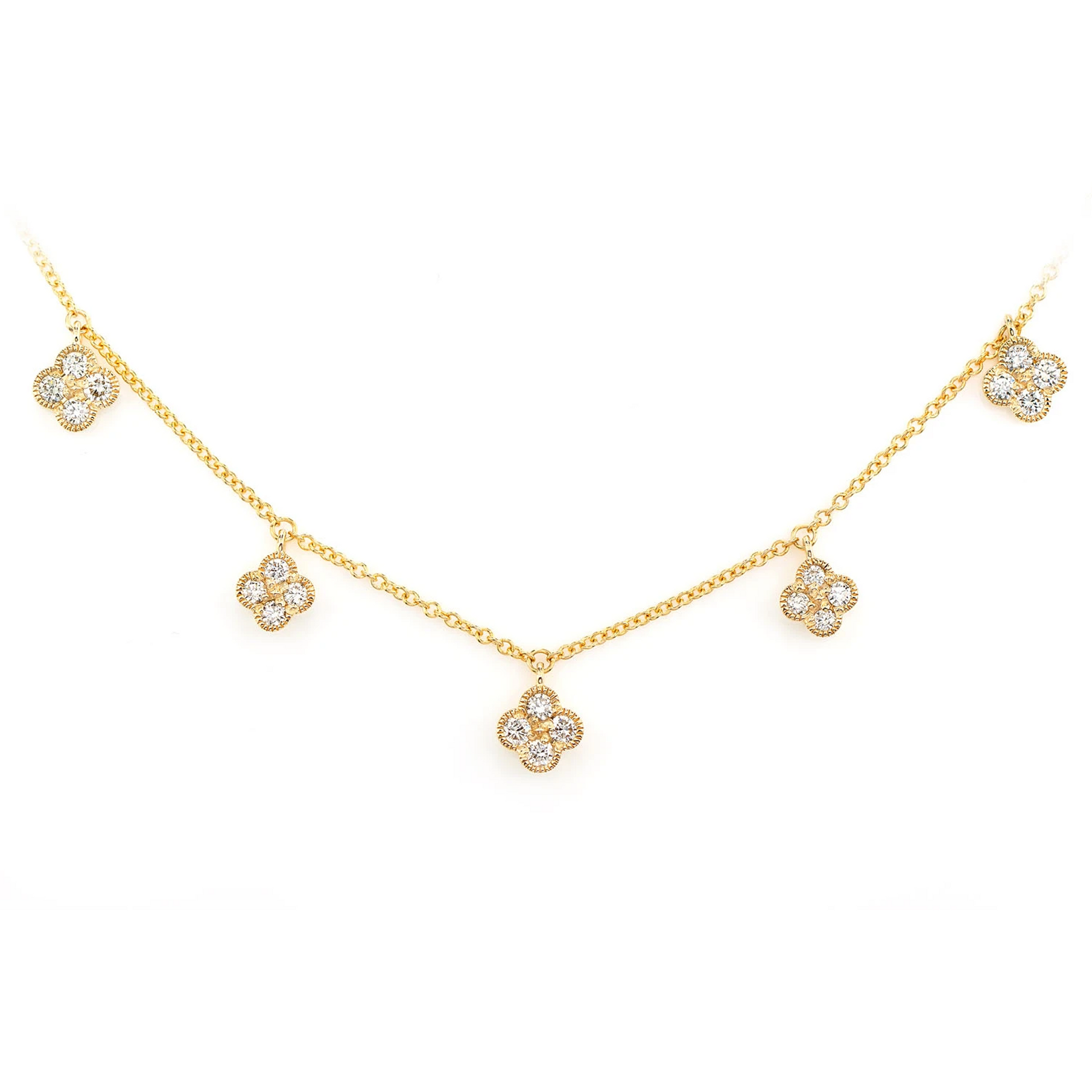 Milgrain Clover Diamond Dangle Necklace in 14K yellow gold, 0.45ctw, front view