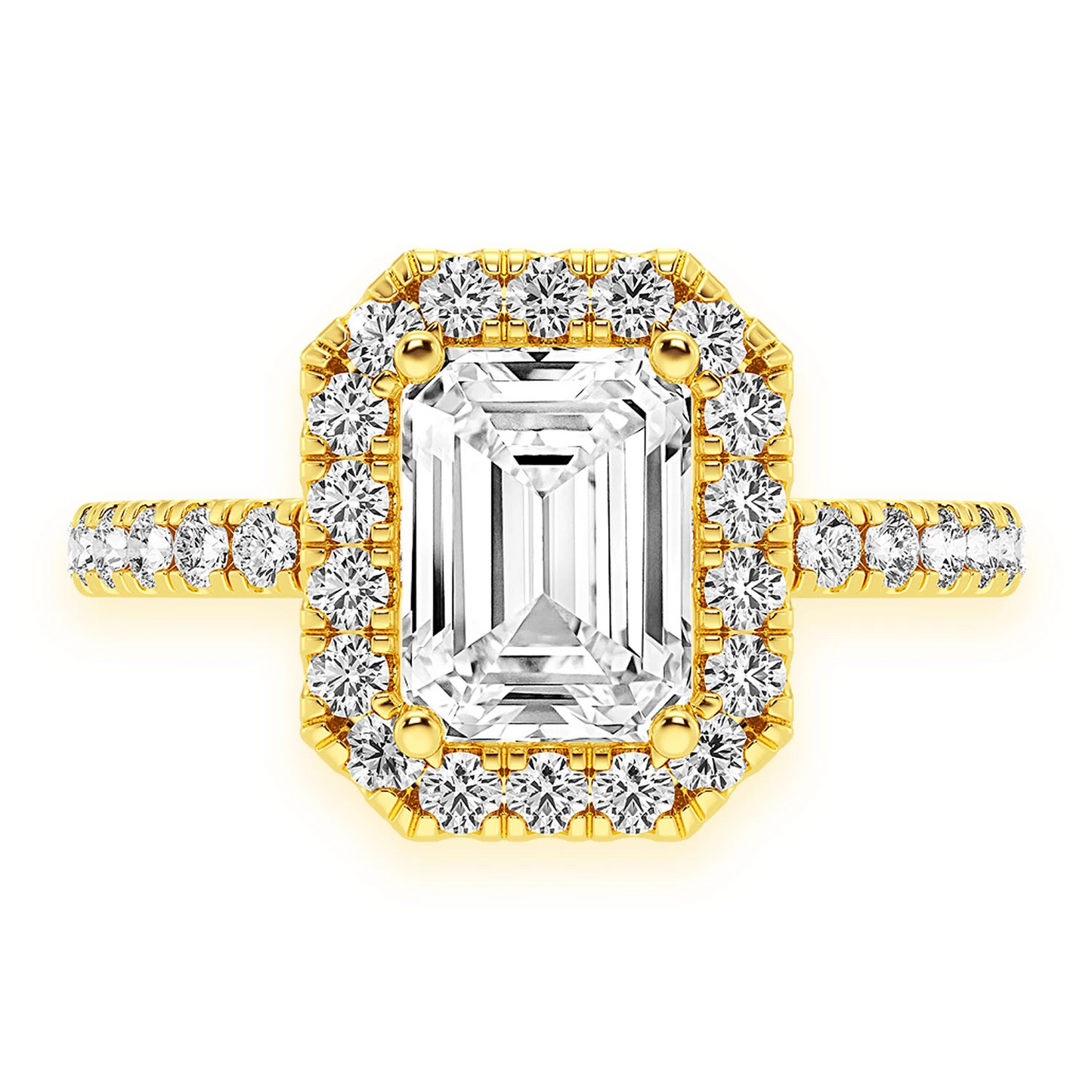 1ct Emerald Cut Scallop Halo Diamond Engagement Ring in 14K yellow gold, front view