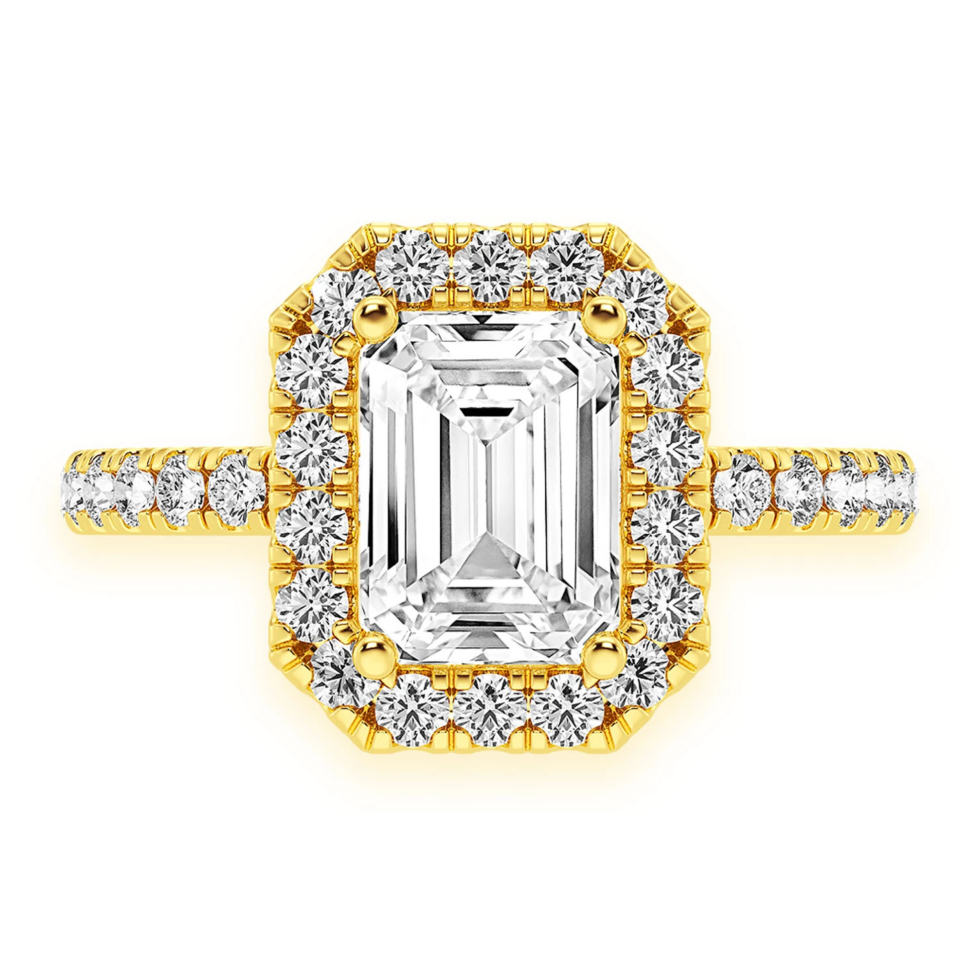 1ct Emerald Cut Scallop Halo Diamond Engagement Ring in 14K yellow gold, front view