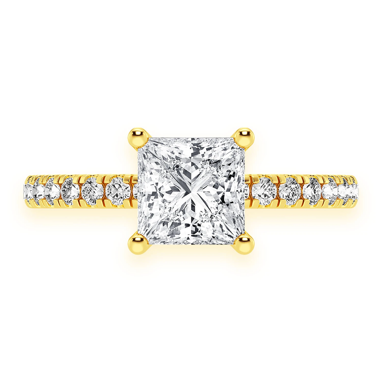 1ct Princess Cut Under Halo Diamond Ring in 14K yellow gold, front view