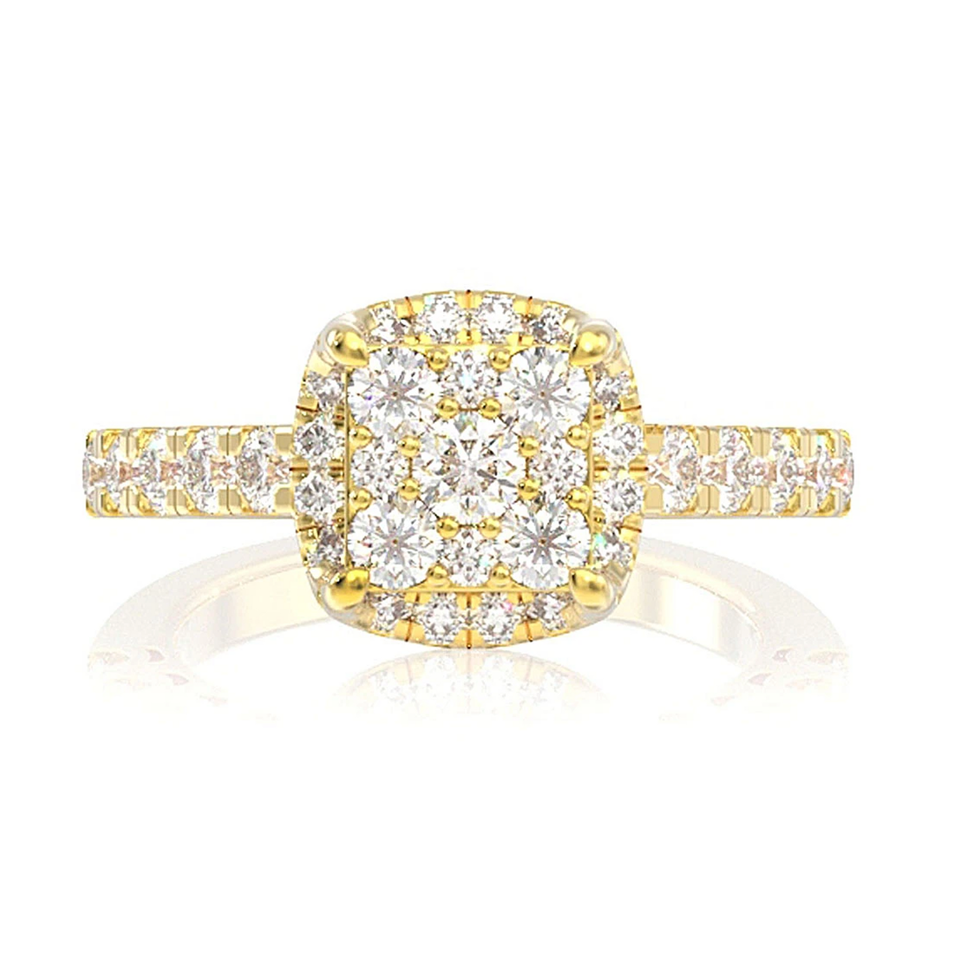 Square Cluster Halo Diamond Ring in 14K yellow gold, front view