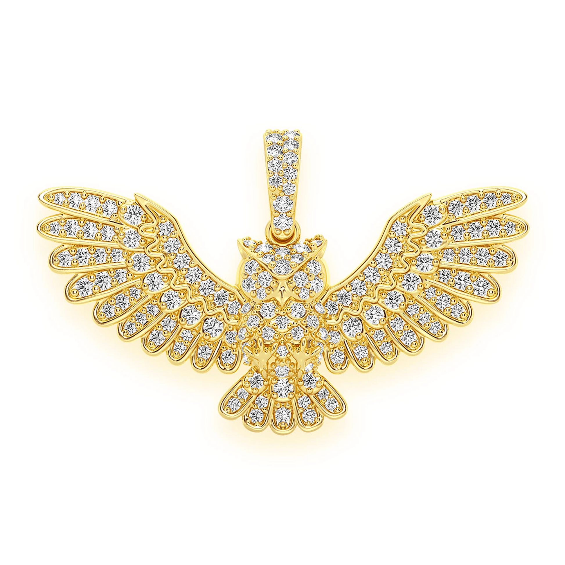 Owl Diamond Pendant in 14K yellow gold, front view