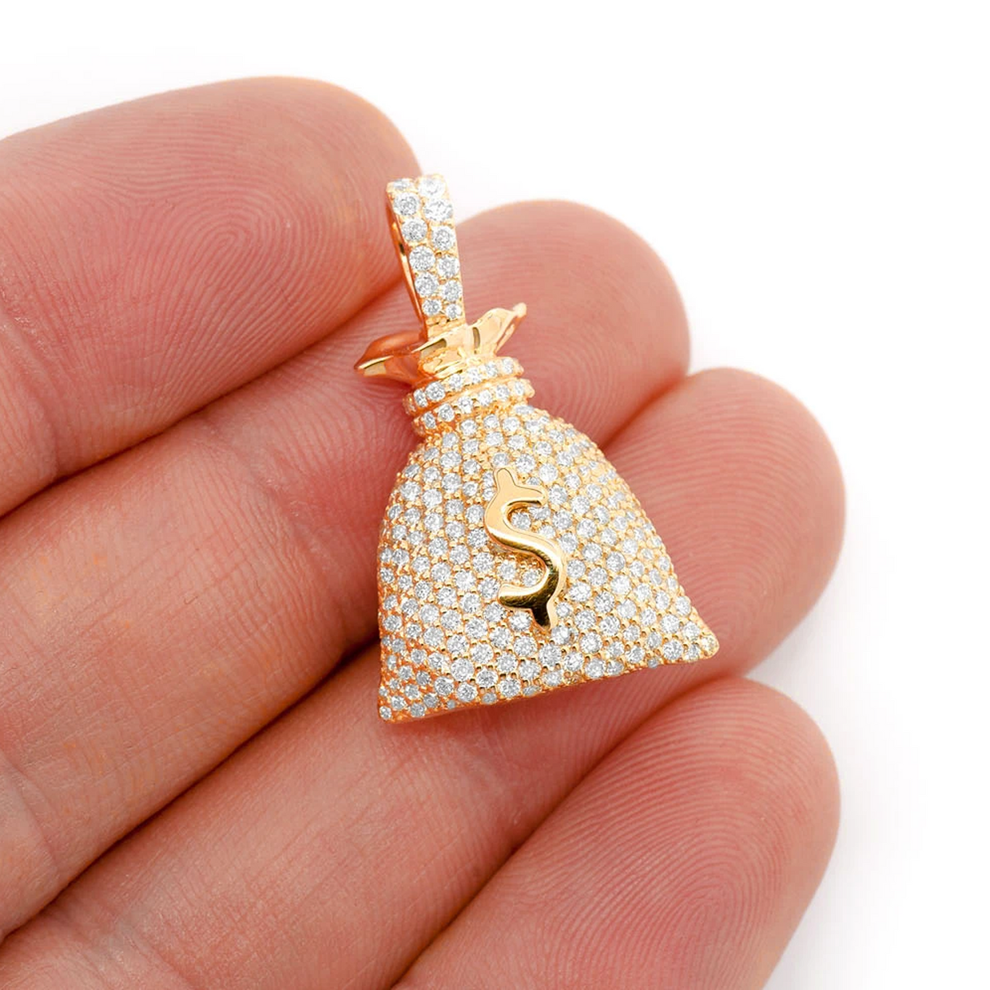 Money Bag Diamond Pendant in 14K yellow gold, angled view