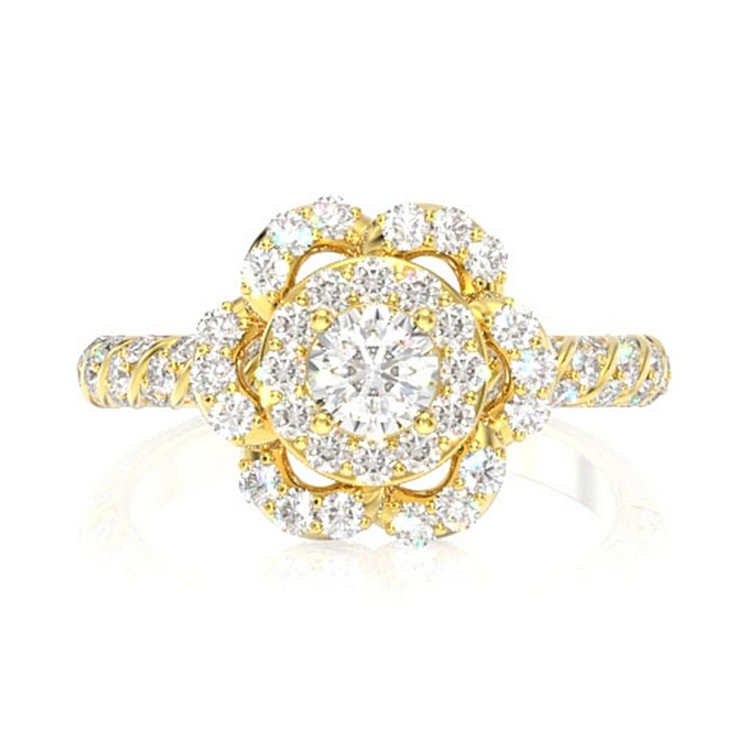 Flower Halo Twist Diamond Ring in 14K yellow gold, front view