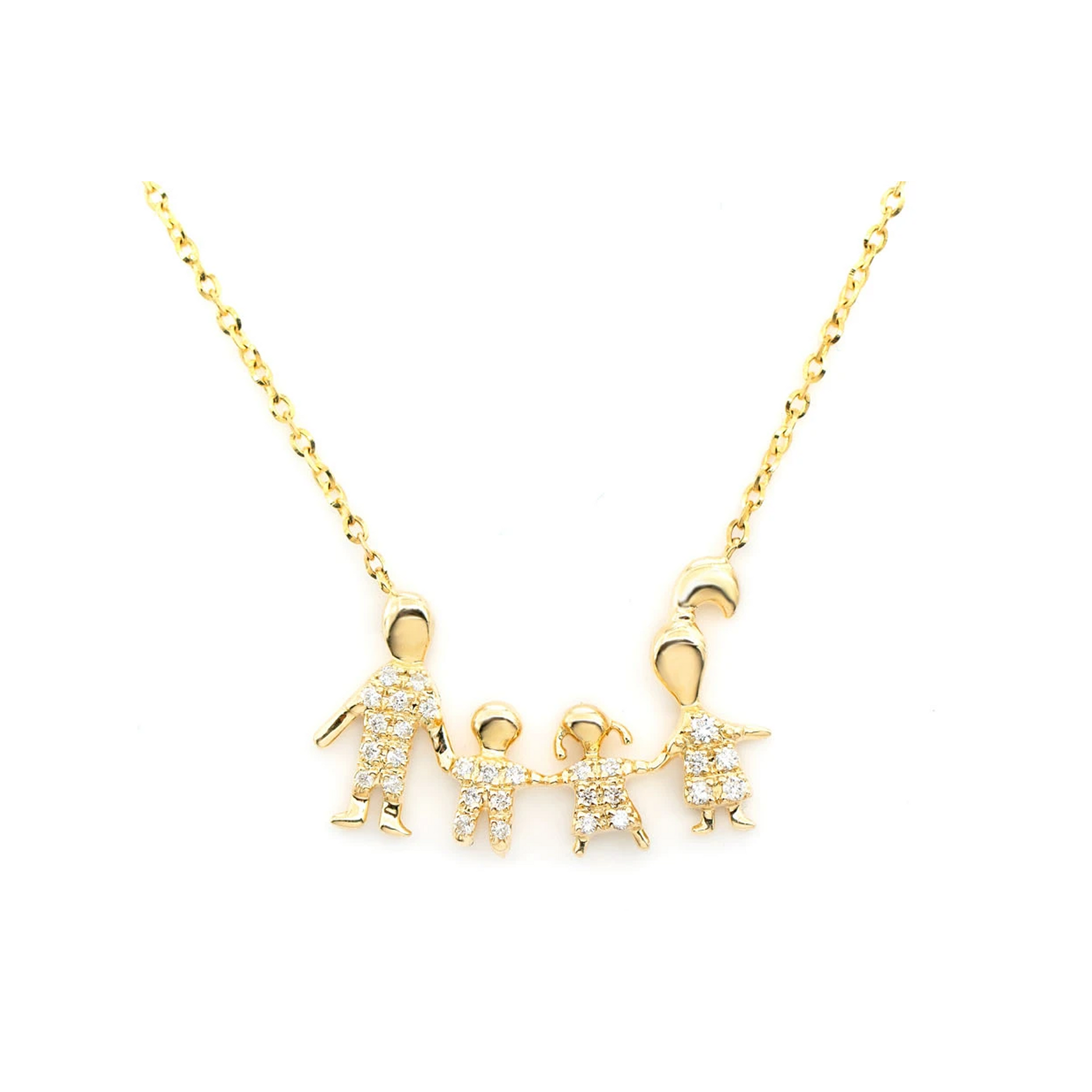 Family of Four Diamond Necklace in 14K yellow gold, front view
