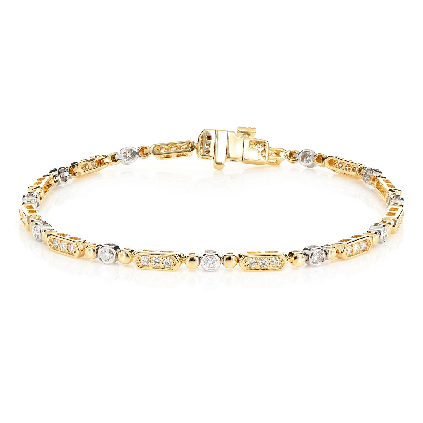 Alternating Bezel & Bar Diamond Link Bracelet in two-tone 14k gold, front view