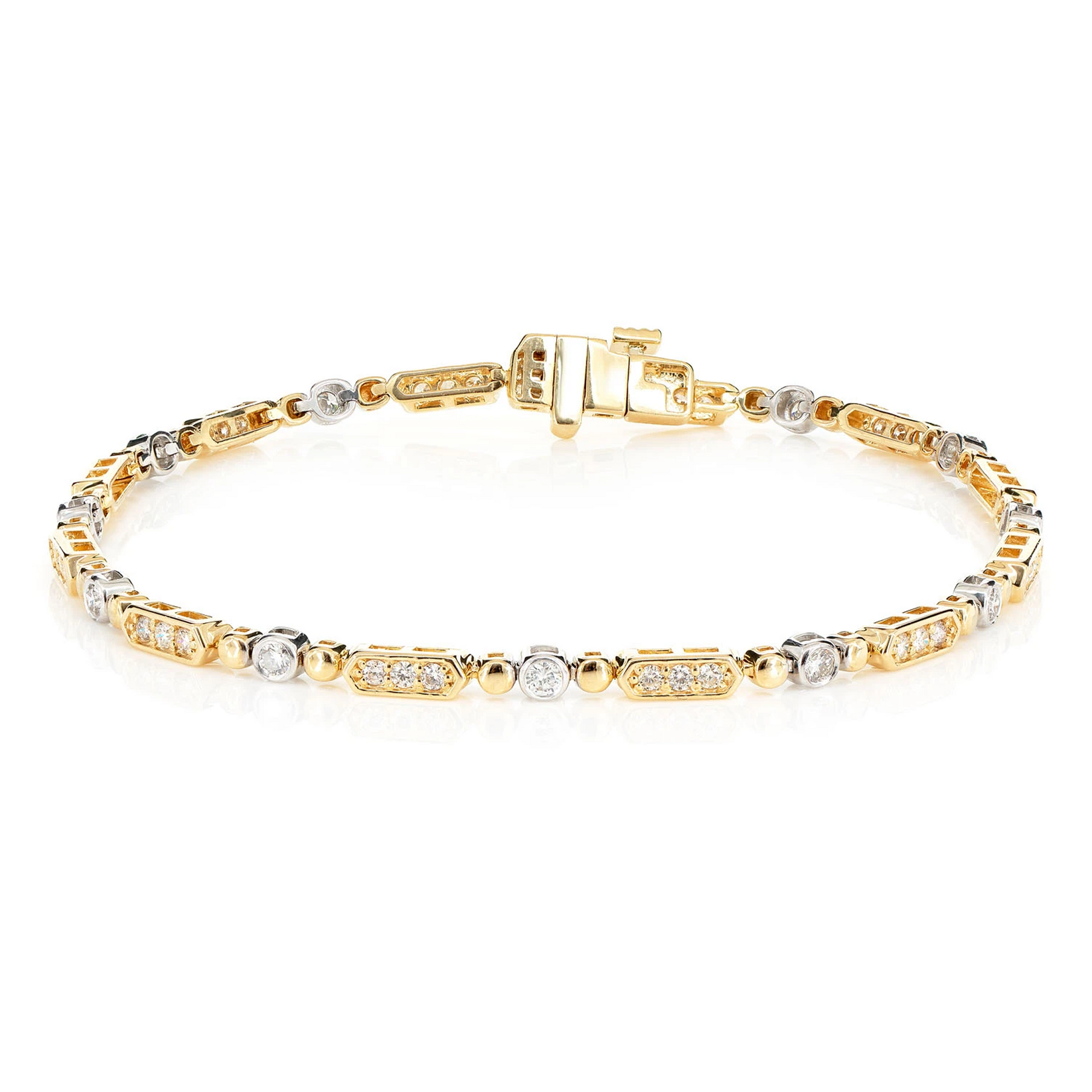 Alternating Bezel & Bar Diamond Link Bracelet in two-tone 14k gold, front view