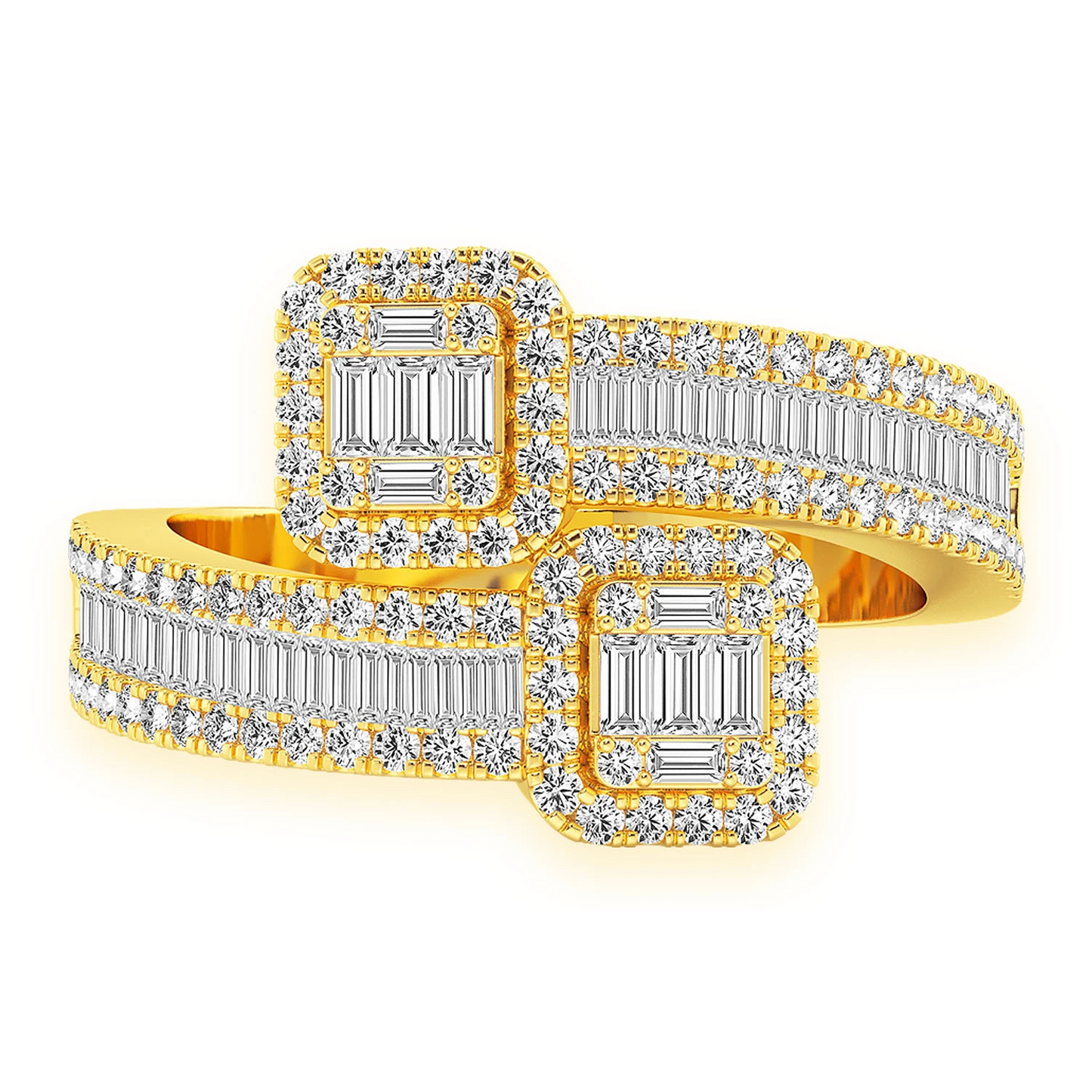 Border Baguette Crossover Diamond Ring in 14K yellow gold, front view