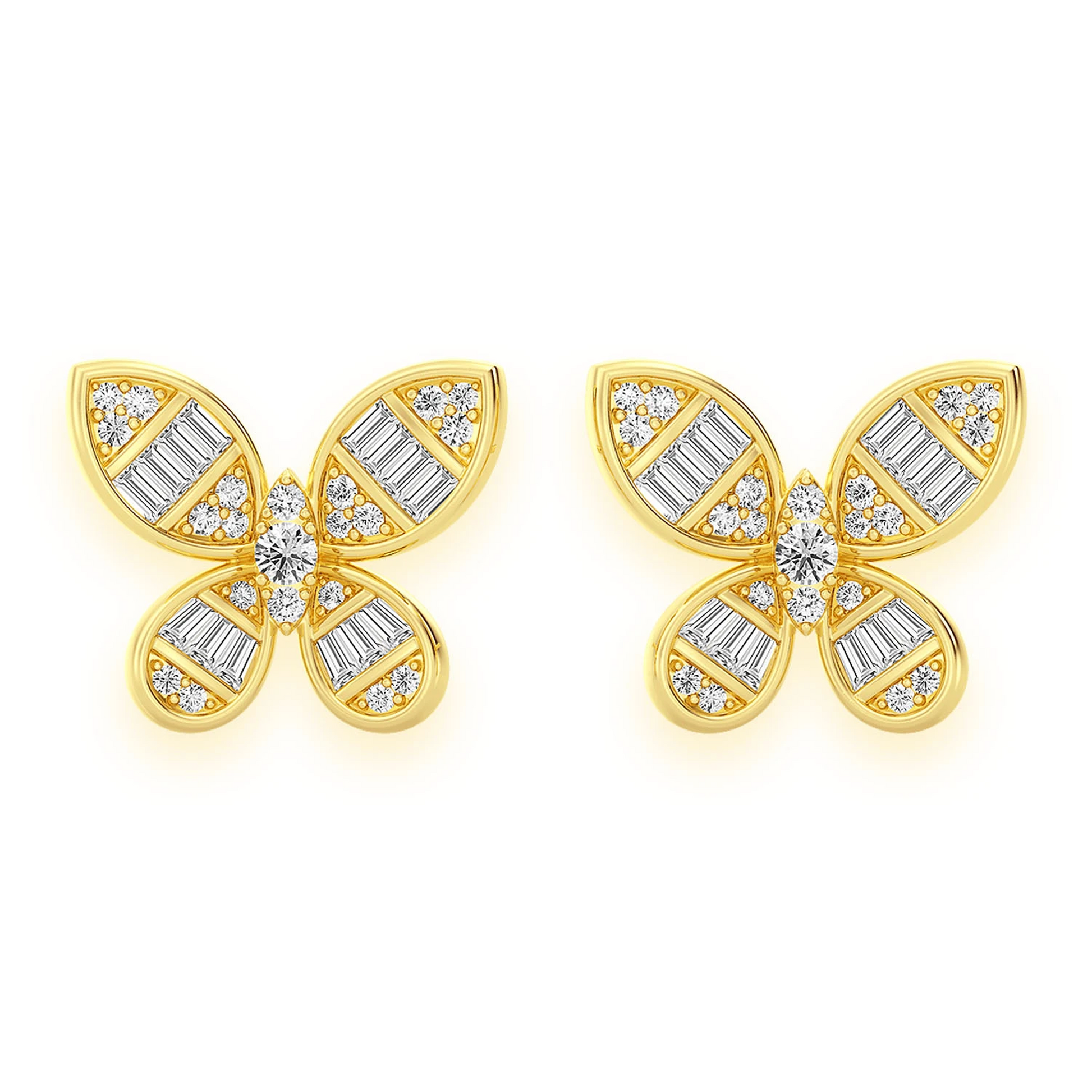 Butterfly Baguette Diamond Stud Earrings in 14K yellow gold, front view