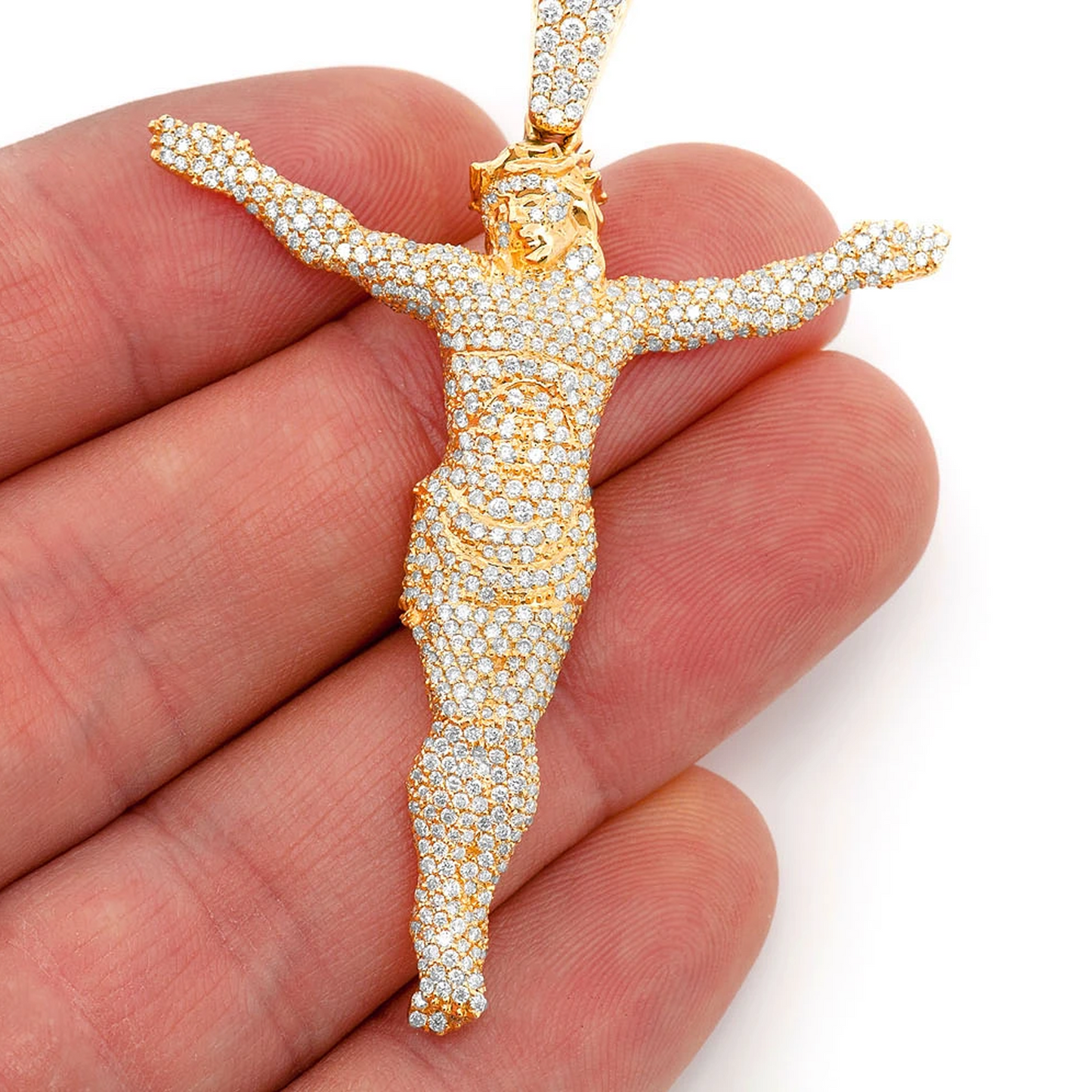 Jesus Crucifix Diamond Pendant in 14K yellow gold, Statement | 3.30ctw | Iced Out, angled view