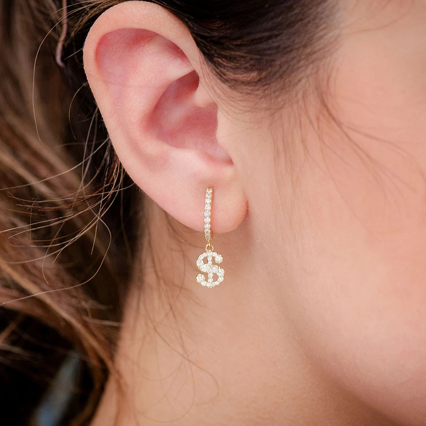 Dollar Sign Hoop Drops in 14K yellow gold, angled view