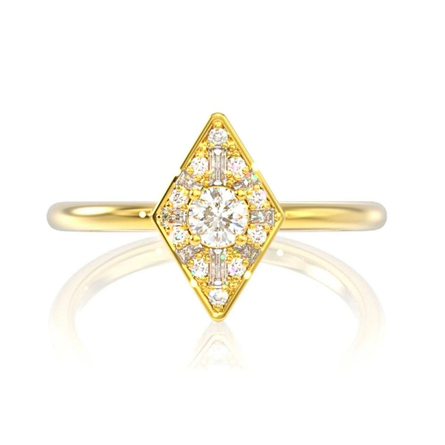 Rhombus Halo Baguette Diamond Ring in 14K yellow gold, front view