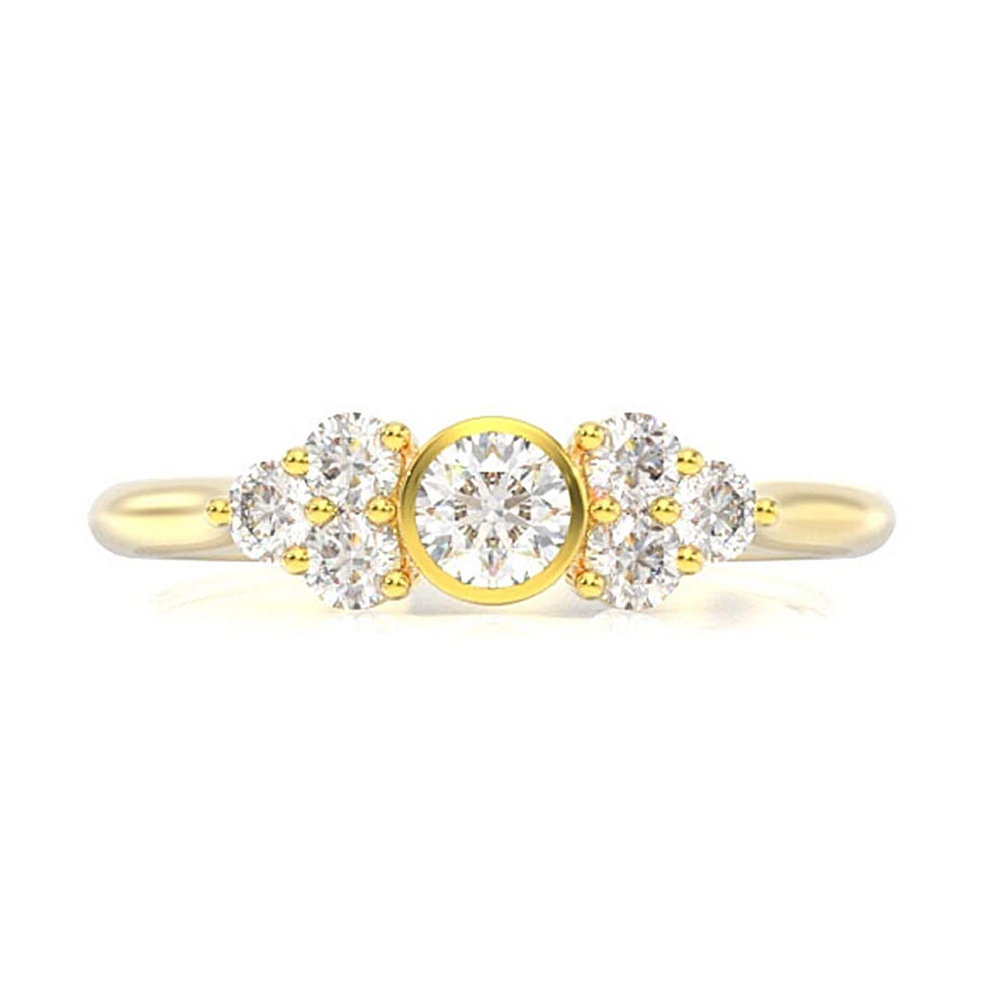 Round Bezel Triangle Accent Ring in 14K yellow gold, front view