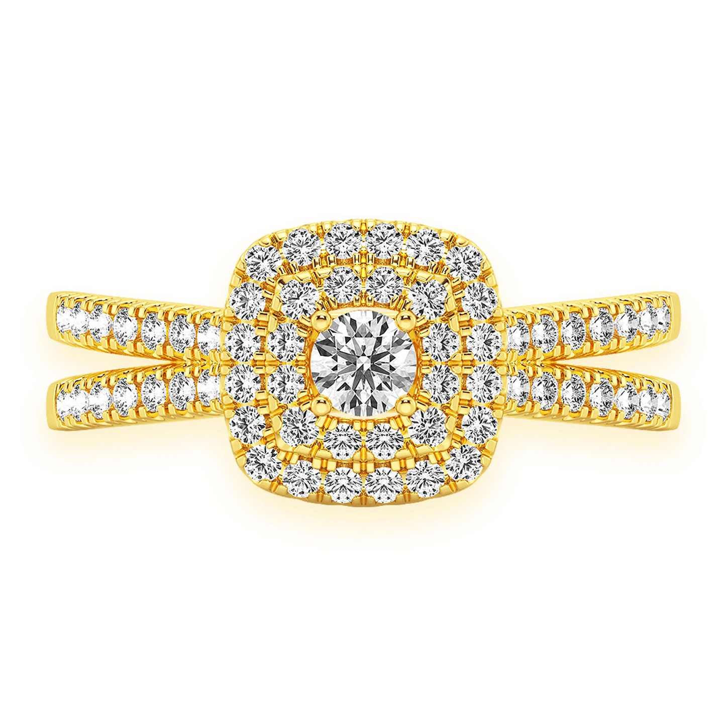 Three Layer Square Double Halo Engagement Ring in 14K yellow gold, front view