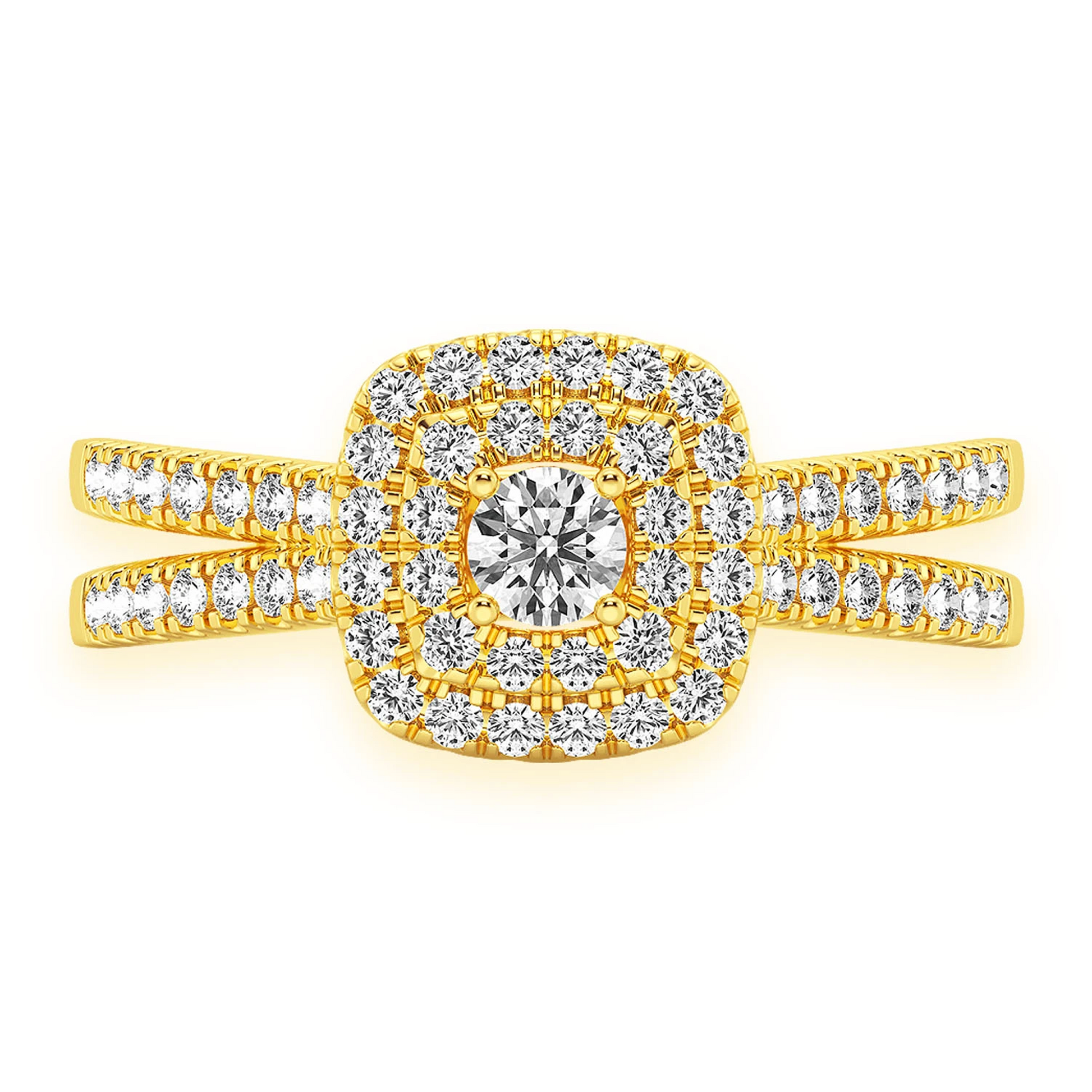 Three Layer Square Double Halo Engagement Ring in 14K yellow gold, front view
