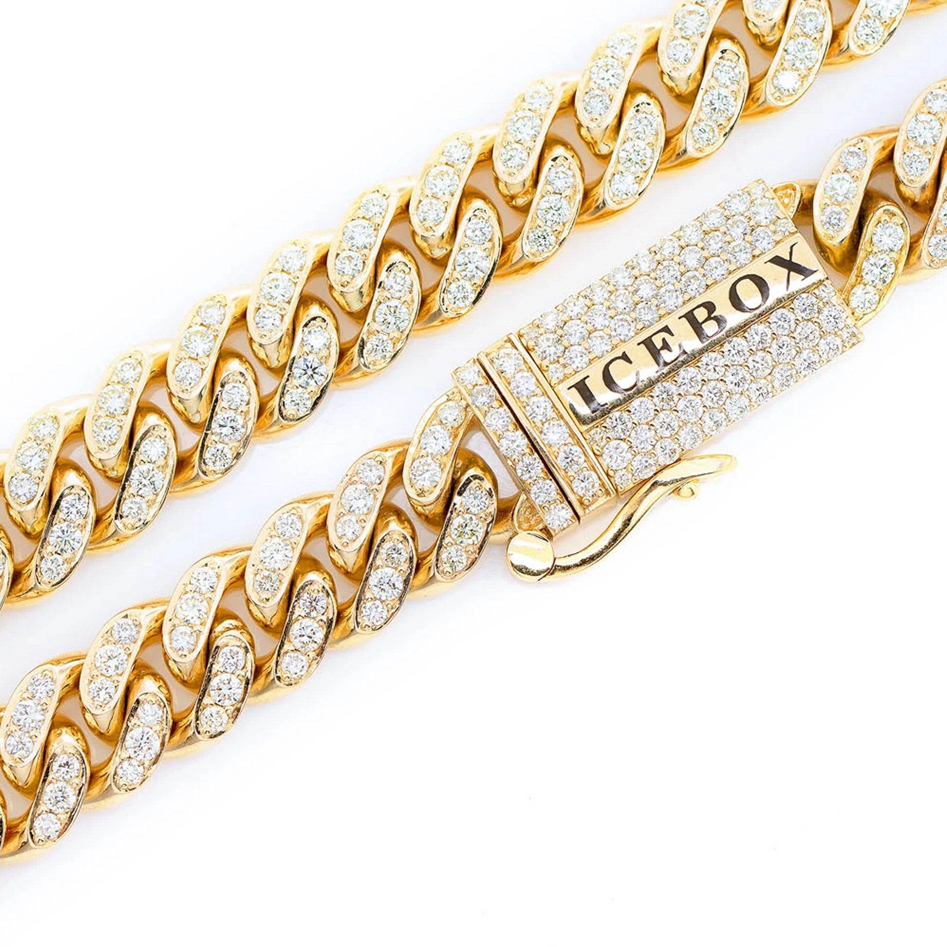 Iced Miami Cuban Necklace in 14K yellow gold, 8mm / 9.00ctw width, clasp detail