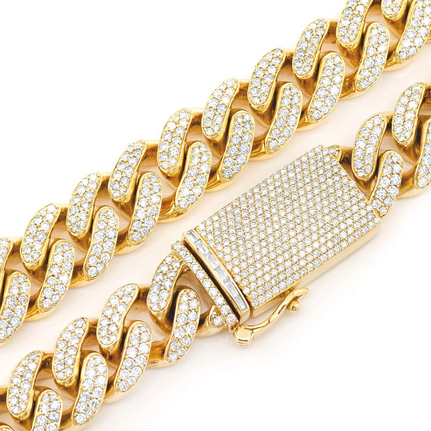 Iced Miami Cuban Necklace in 14K yellow gold, 18mm / 37ctw width, clasp detail