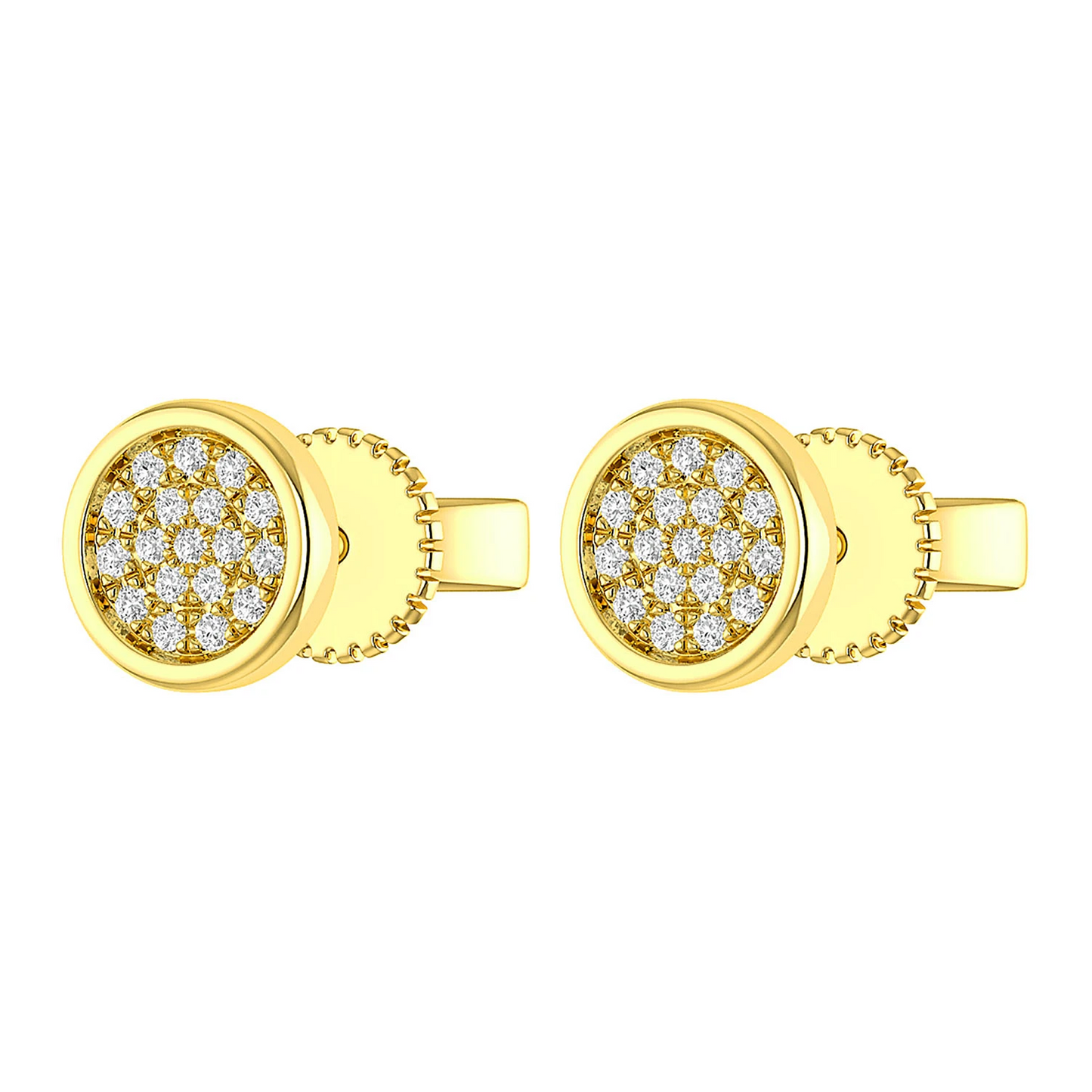 Bezel Cluster Diamond Stud Earrings in 14K yellow gold, angled view