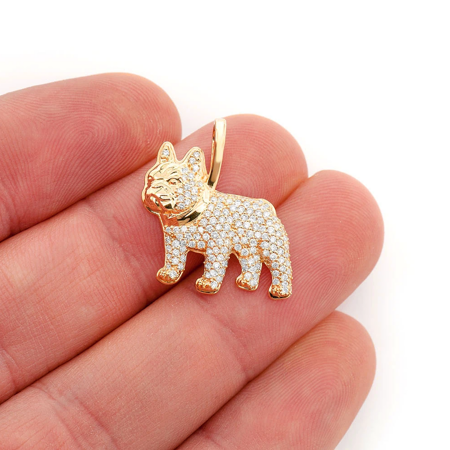 French Bulldog Diamond Pendant in 14K yellow gold, Signature | 0.65ctw, angled view