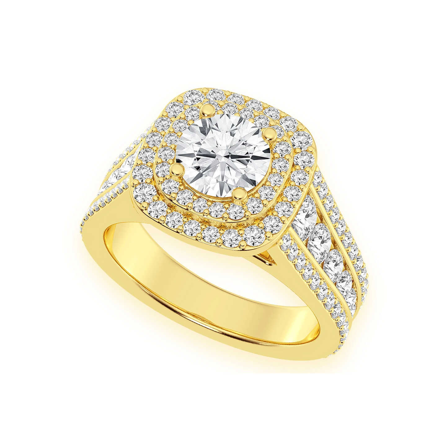 Fancy Three Row Double Halo Diamond Ring in 14K yellow gold, angled view