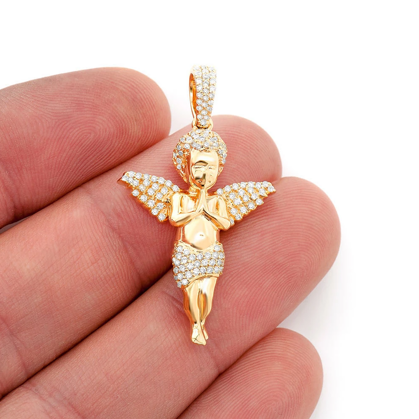 Petite Praying Angel Pendant in 14K yellow gold, angled view