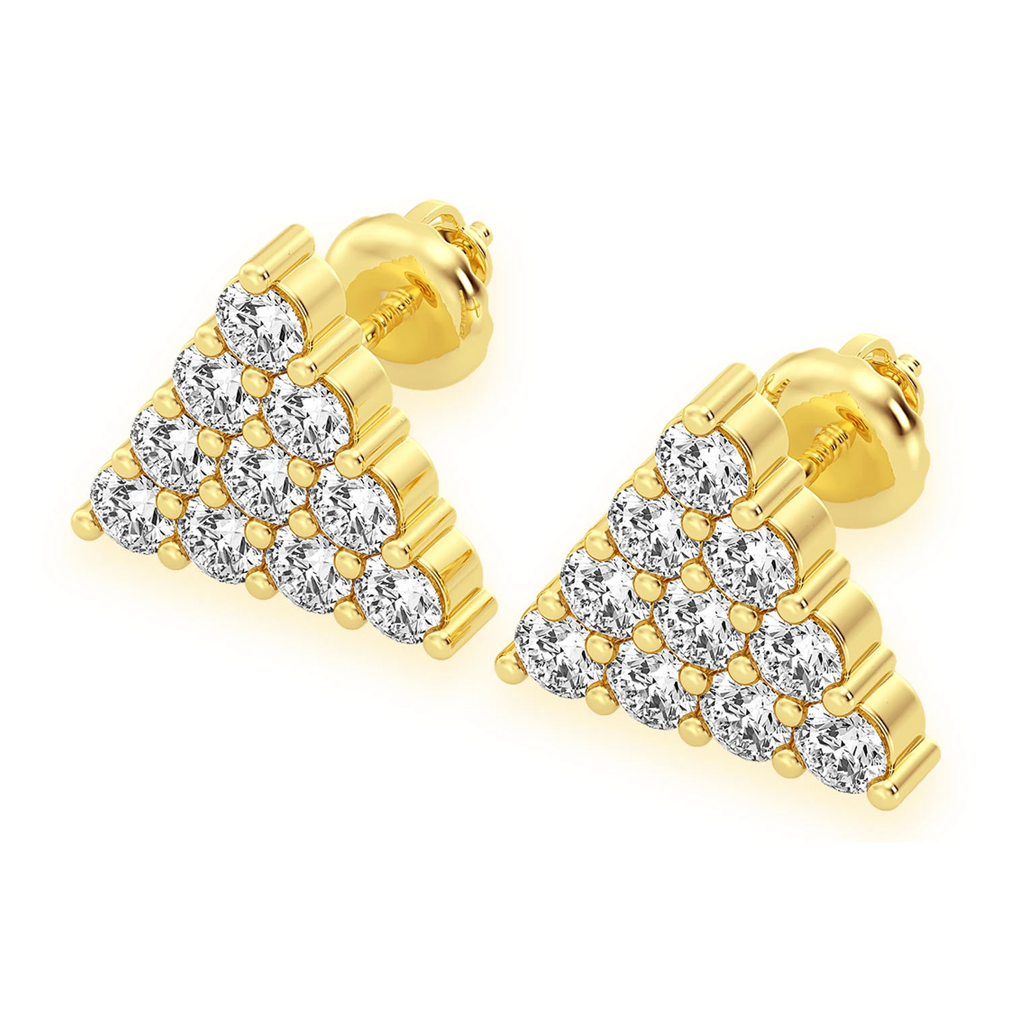 Triangle Diamond Studs in 14K yellow gold, Stacked Pavé, front view 2