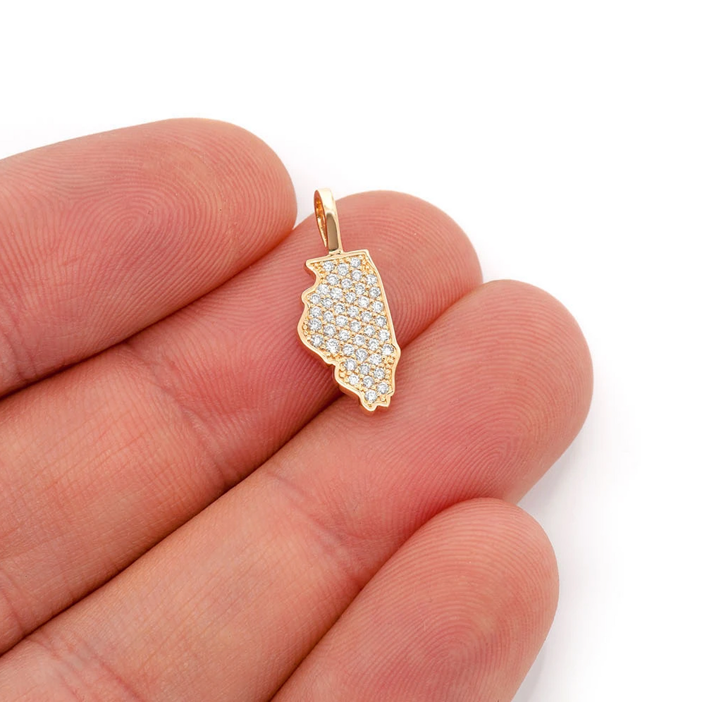 US State Diamond Pendant in 14K yellow gold, Illinois design, worn view
