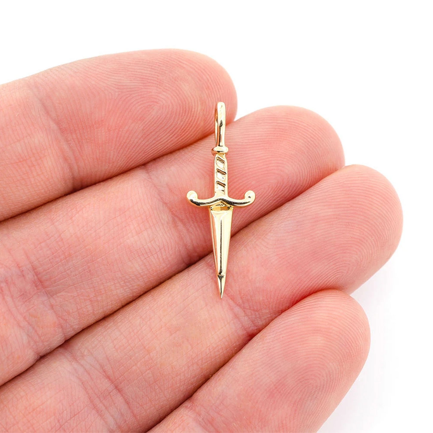 Dagger Pendant in 14K yellow gold, Pure | Solid Gold, worn view