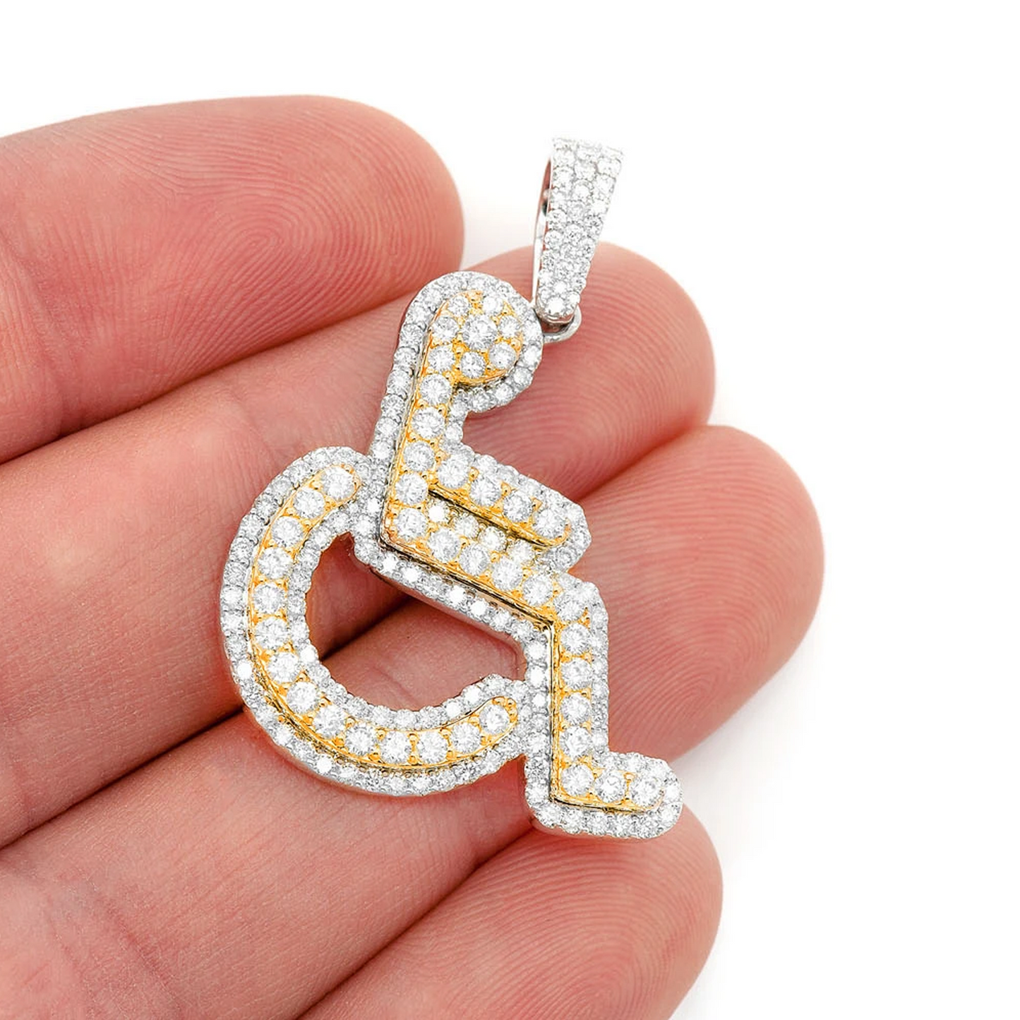 Wheelchair Diamond Pendant in 14K yellow gold, Statement | 2.60ctw, worn view