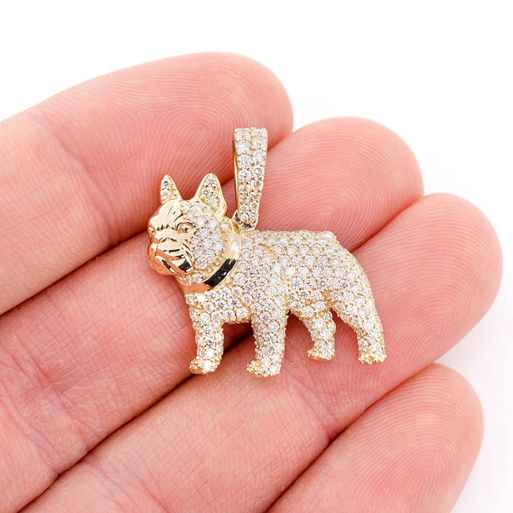 French Bulldog Diamond Pendant in 14K yellow gold, Statement | 2.50ctw, worn view