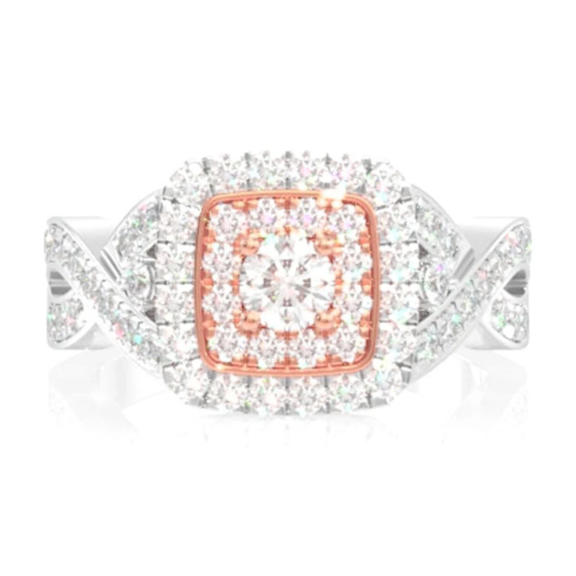 Twisted Shank Double Square Halo Ring in two tone rose 14k gold, front view