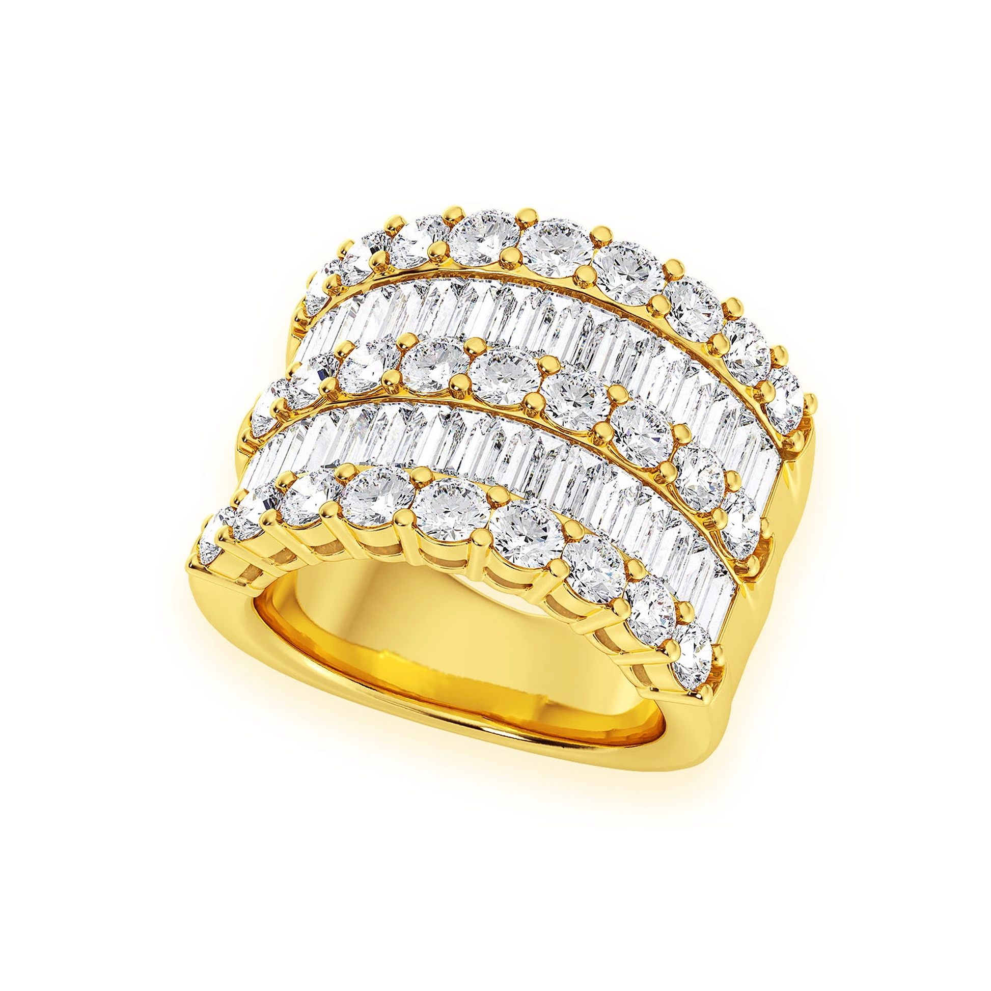 Three Row Round & Baguette Ring in 14K yellow gold, side view