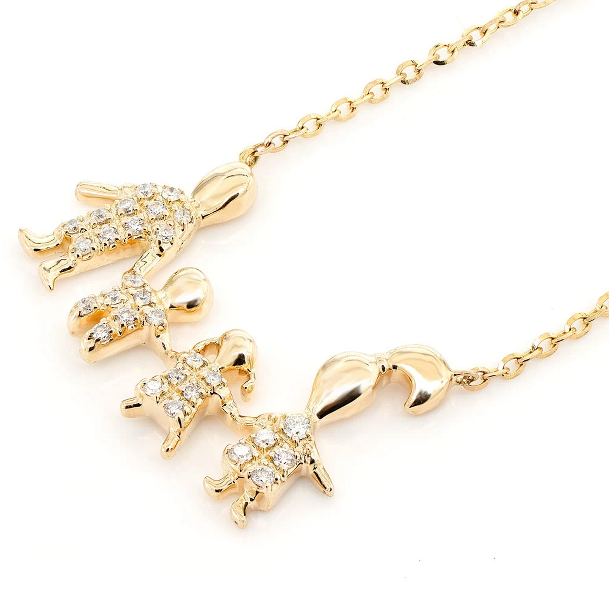 Family of Four Diamond Necklace in 14K yellow gold, side view